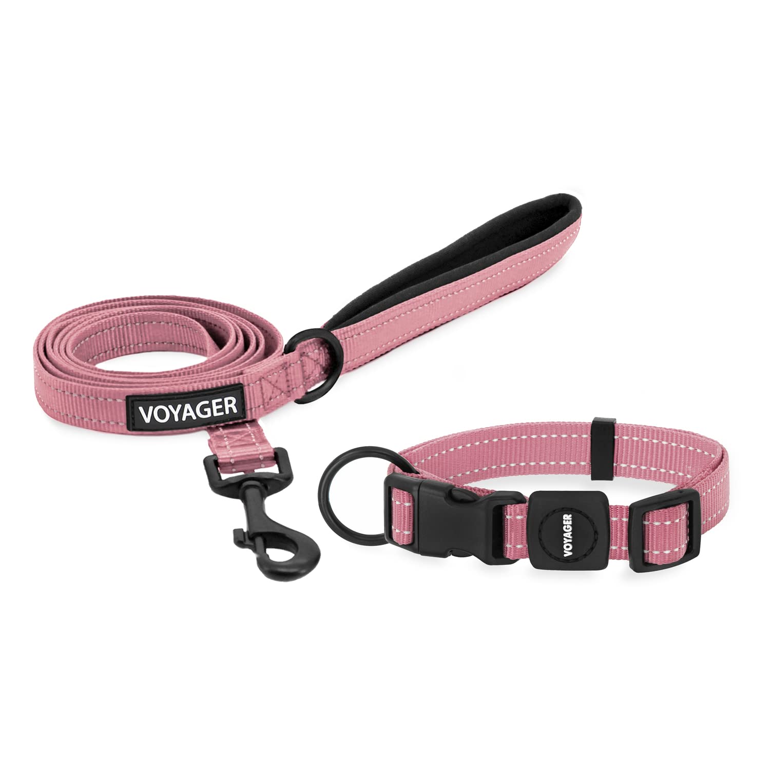 Voyager Reflective Dog Leash Collar Set With Neoprene Handle Supports Small, Medium, And Large Breed Puppies, Cute And Heavy Duty For Walking, Running, And Training - Pink, L