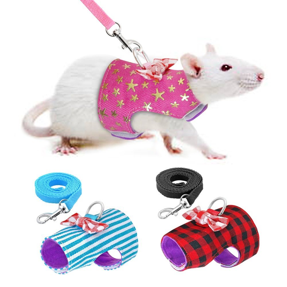 Stock Show Small Pet Outdoor Walking Harness Vest And Leash Set With Cute Bowknot Decor Chest Strap Harness For Rat Ferret Squirrel Hamster Clothes Accessory, Blue Stripe