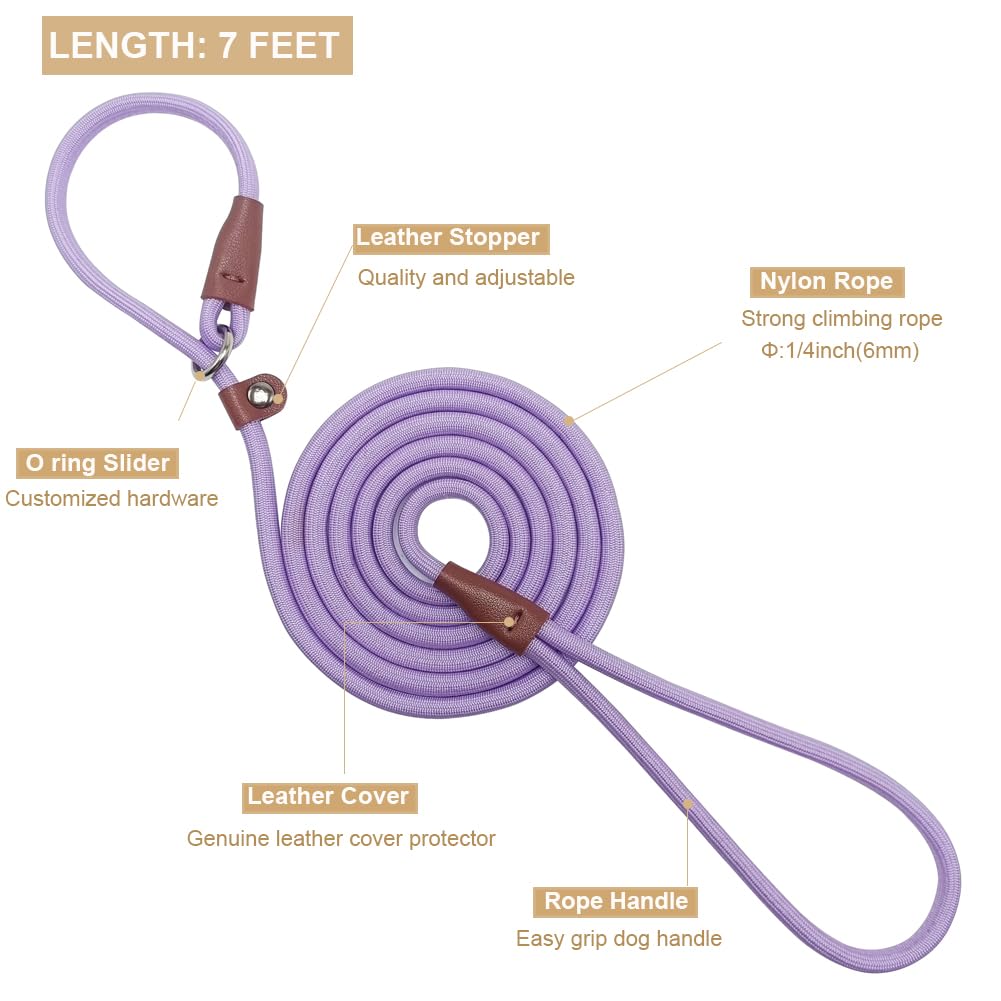 Btinesful 7Ft Slip Lead Dog Leash, Strong Nylon Rope Leash, 1/4 Inch Diam Dog Training Lead For Small Medium Pets Puppies, Purpl