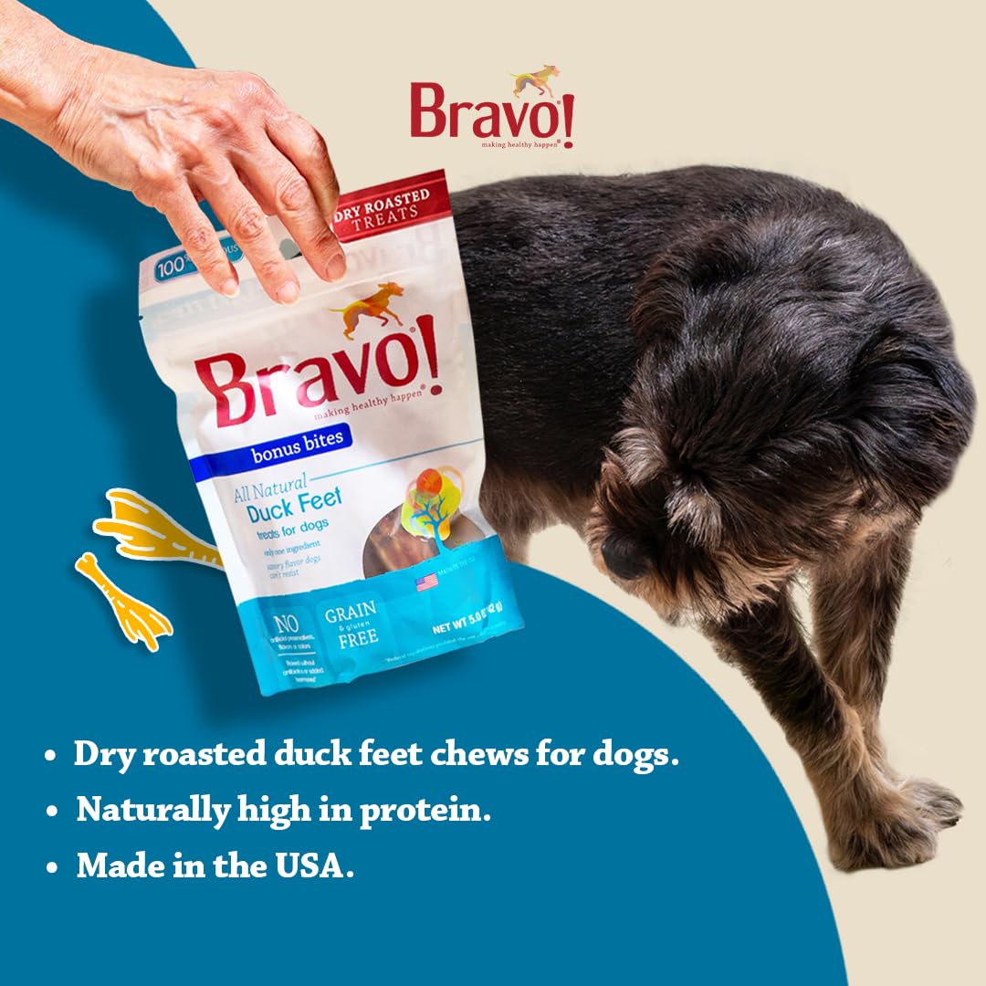 Bravo! Dry Roasted Duck Feet Dog Treats, 200 Count, High Protein, Grain Free, Gluten Free