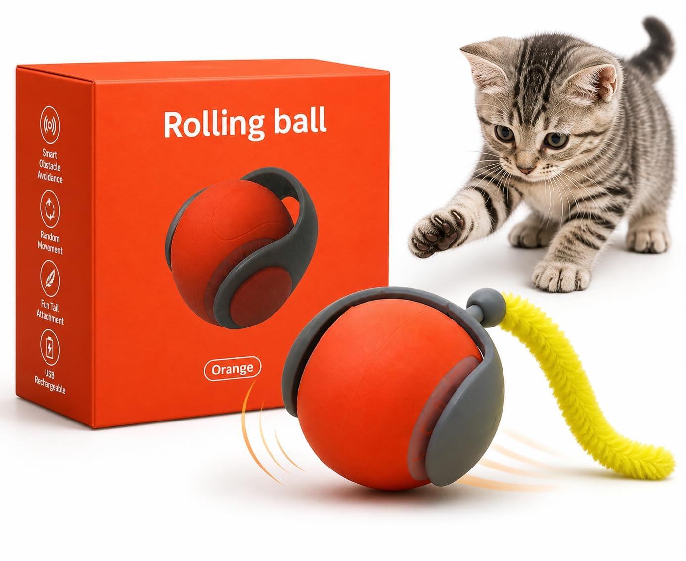 Smart Rolling Ball Interactive Cat Toy With Feather Tail, Usb Rechargeable Automatic Moving Ball For Cats & Kittens, Touch Activ
