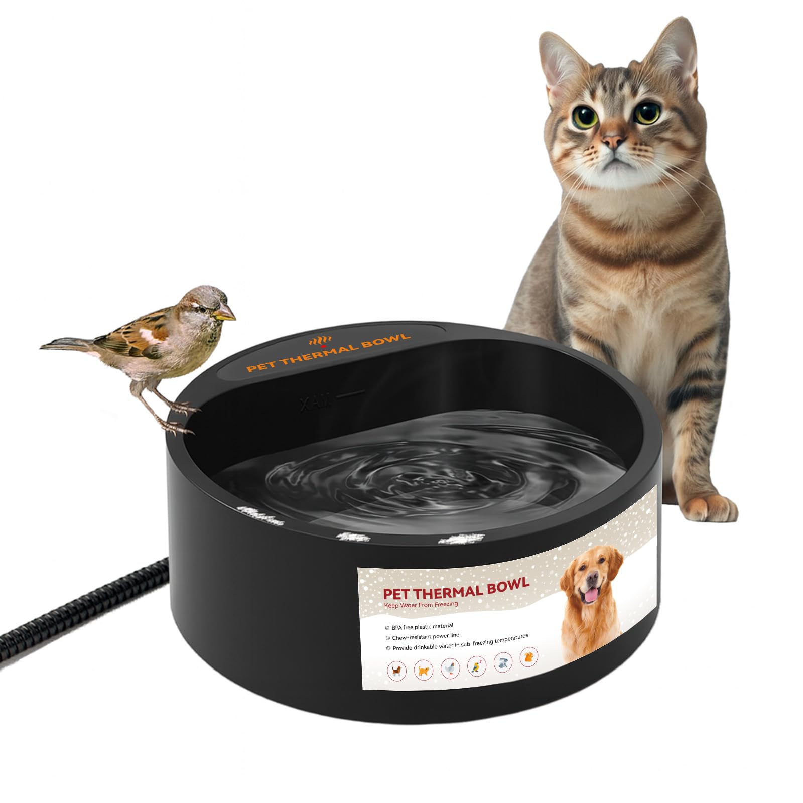 PETLESO Outdoor Heated Water Bowl for Dogs Cats, 2.2L Winter Heating Dog Water Bowl with AntiBite Wire, Provides Drinkable Water