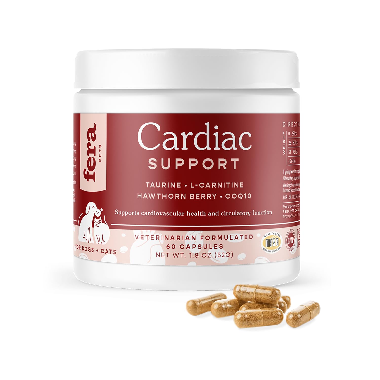 Fera Pets Cardiac Supplement for Dogs & Cats - 60 Capsules - Vet Created -Cardiovascular Function & Strength-Taurine, CoQ10, Org