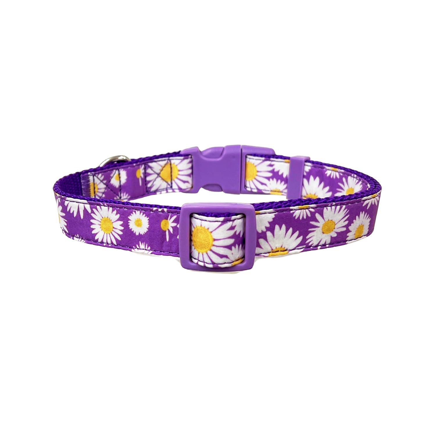 Olahibi Dog Collar, Floral Pattern, Nylon Webbing Plus Cotton Ribbon, For Large Dogs.(L, Purple Daisy)
