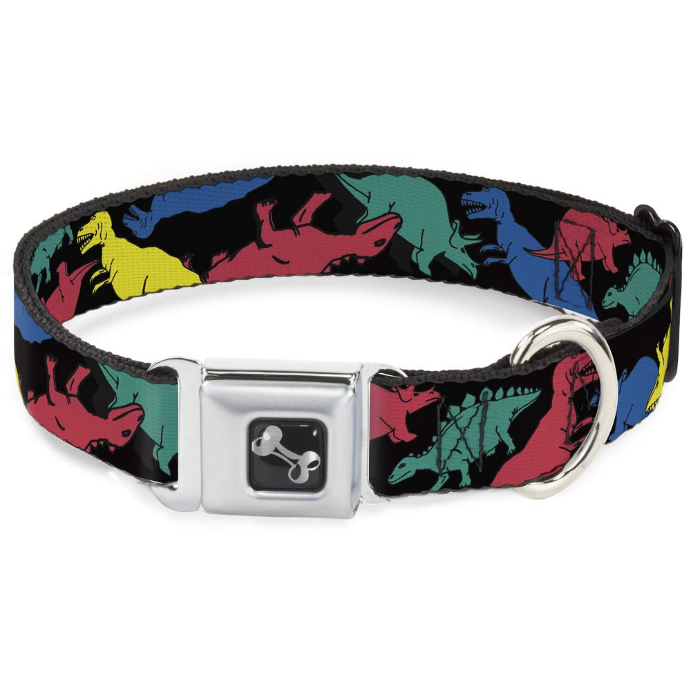 Buckle-Down Seatbelt Buckle Dog Collar - Dinosaurs Black/Multi Color - 1'' Wide - Fits 11-17'' Neck - Medium