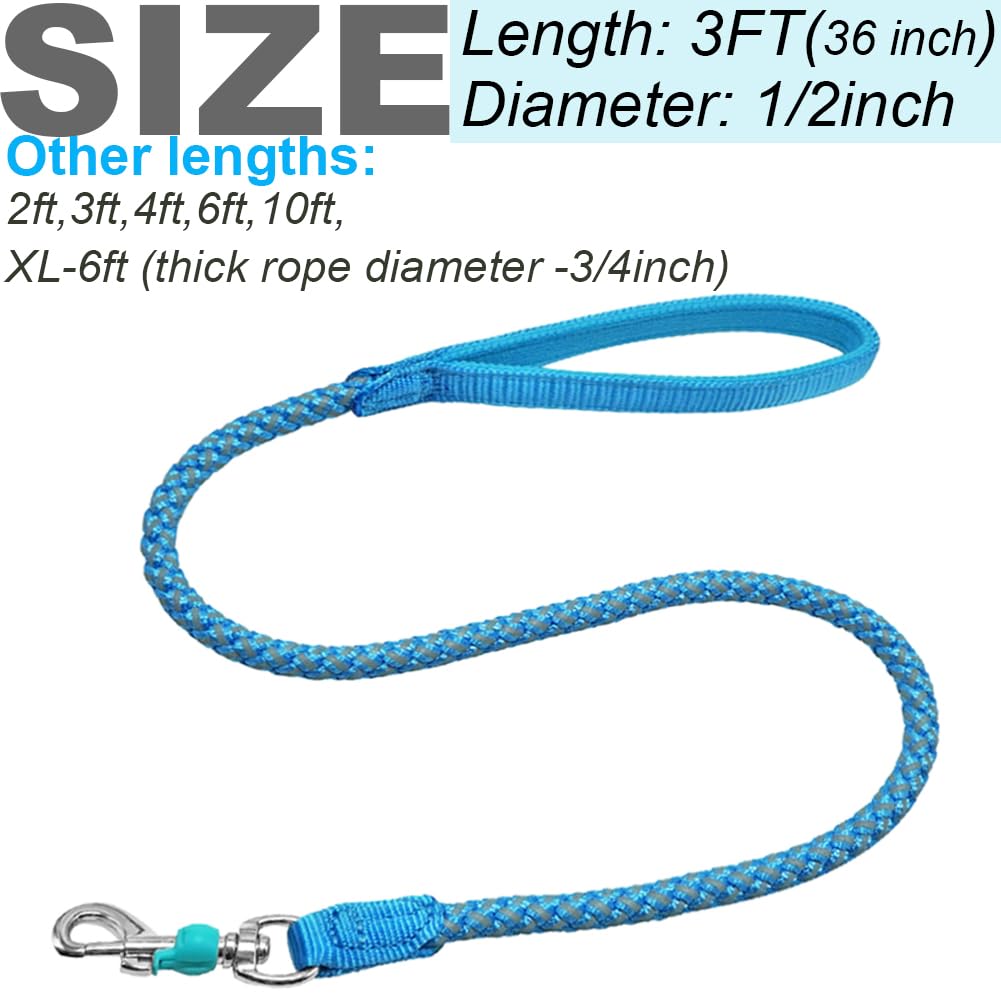 Mycicy 2ft 3ft 4ft 6ft 10ft Reflective Dog Leash - Heavy Duty Nylon Rope Braided, Safety Lock & Soft Handle for All Dogs (Night