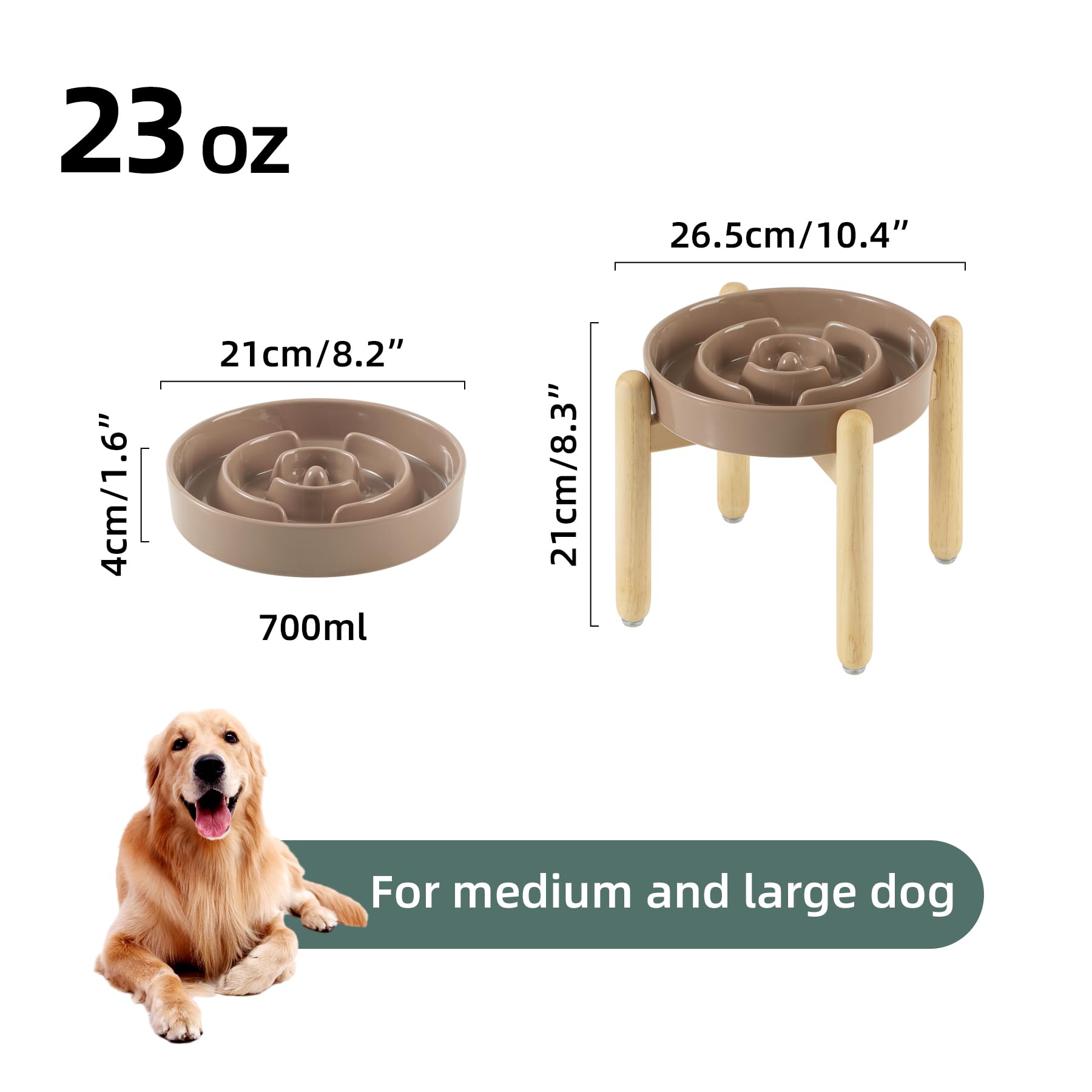 Havniva 8.2Inch Ceramic Raised Slow Feeder Dog Bowl Set, Elevated Wooden Stand For Large And Medium Dog, Puzzle Slow Dish, Preve