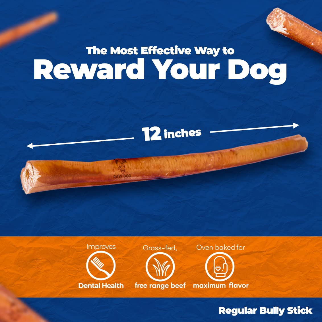 Raw Dog Bully Sticks All-Natural Dog Treats,12 in Regular Size, 3pk - Premium Odor Free Dog Chews, 100% Beef, Grass Fed, Non-GMO