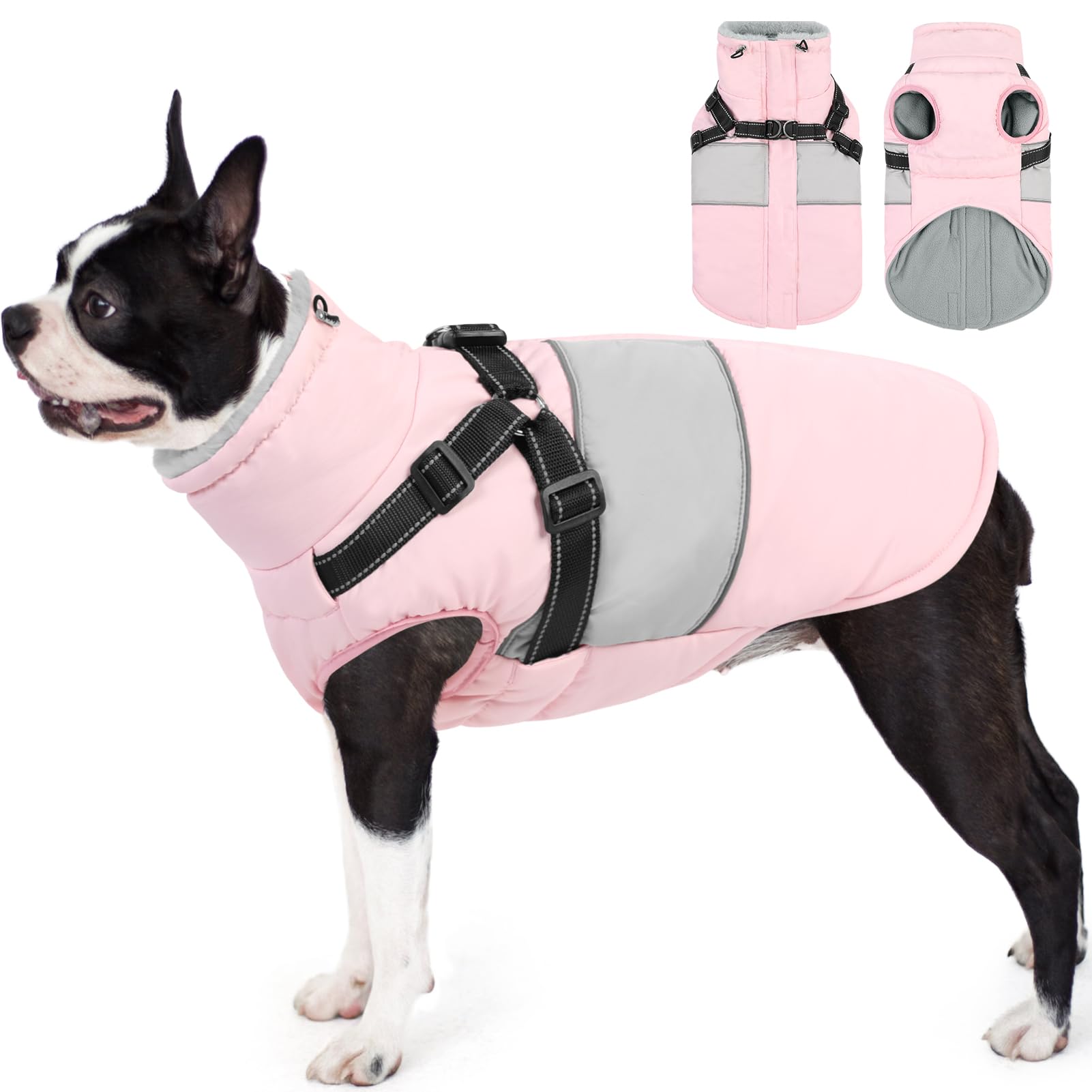 Aofitee Dog Jacket, Waterproof Dog Winter Coat, Dog Coat With Harness, Warm Fleece Dog Snow Jacket Snowsuit With Zipper, Reflect