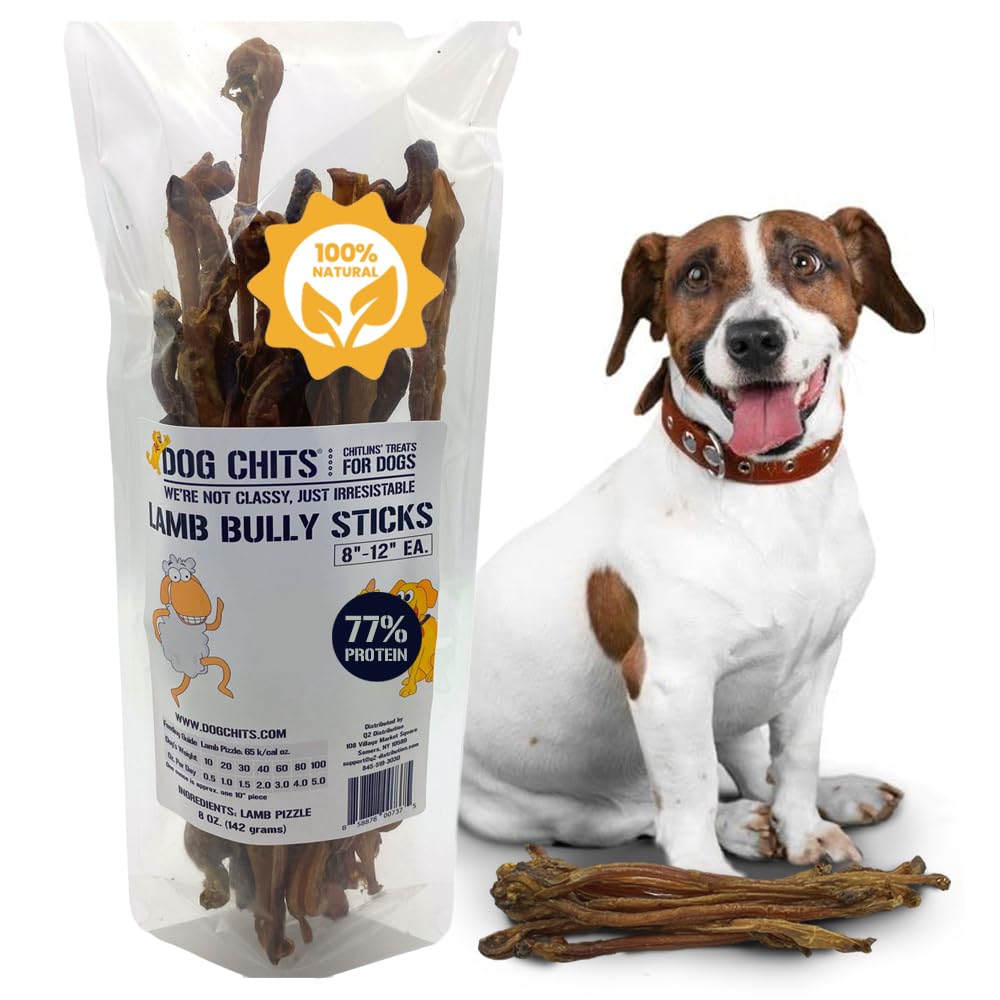 Dog Chits Lamb Bully Sticks for Dogs and Puppies | 8 oz (12 Pieces+) | Natural Healthy Long Lasting Chew for Large and Small Dog