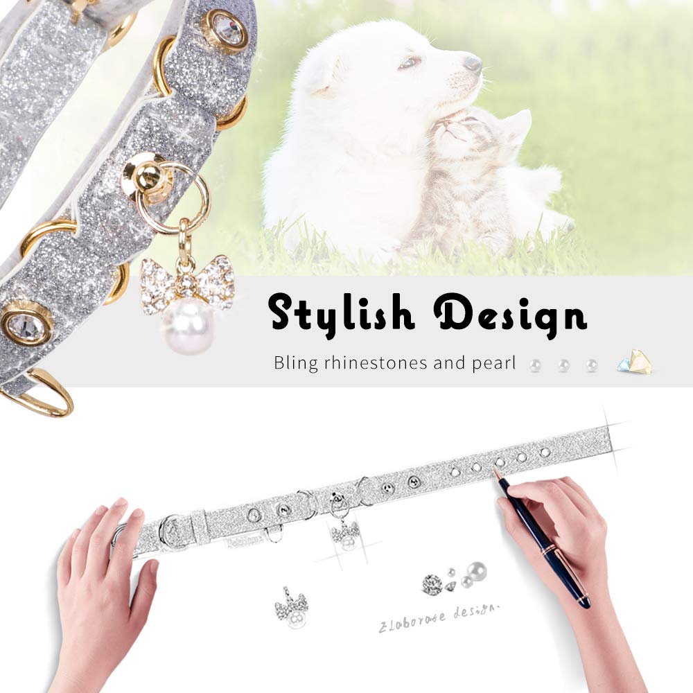 Petshome Cat Collar, Dog Collar, [Bling Rhinestones] Pu Leather Adjustable Pet Collar With Luxury Pendant For Cat And Small Dog Extra Small Silvery
