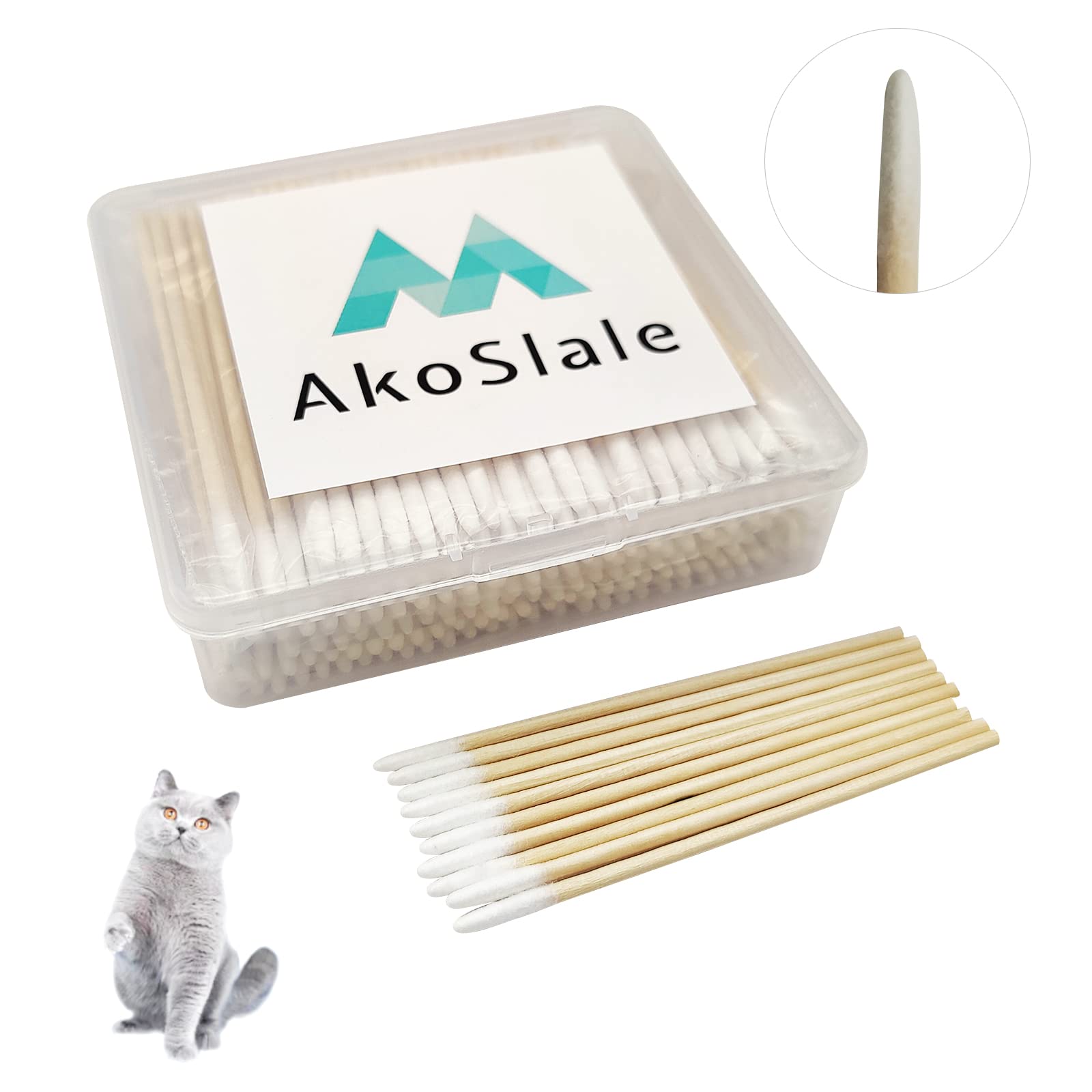 AkoSlale Pointed Q Tips for Cat Care and Wound Cleaning - 200pcs, 2.9 Inch Biodegradable Wooden Cotton Swabs for Baby, Makeup, a