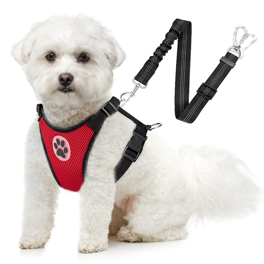 Slowton Dog Car Harness Seatbelt Set, Dog Vest Harness Adjustable Breathable & Vehicle Safety Seat Belt With Elastic Bungee For Small Medium Large Pets(Red - Double Clip,S)