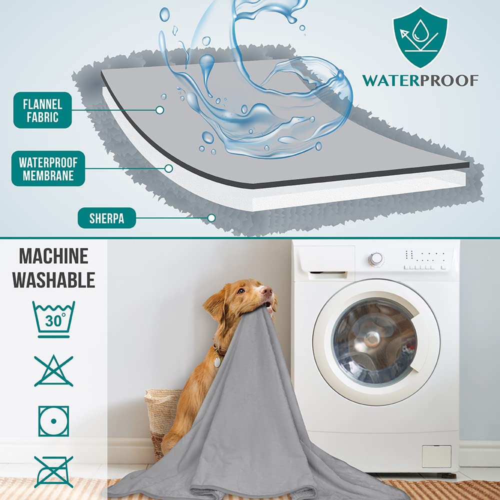 Petami Waterproof Dog Blanket For Medium Large Dogs, Pee Proof Pet Blanket Sherpa Fleece Couch Cover, Reversible Cat Throw Bed Sofa Protector, Soft Plush Washable Pad (Large 40X60, Light Gray)