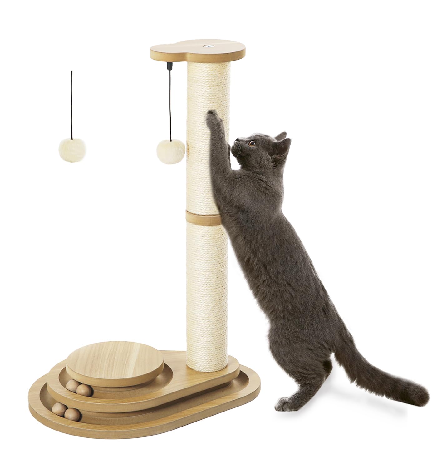 Made4Pets Cat Scratching Post Cat Scratcher Kitten Toys For Indoor Cats Wooden Ball Track Two-Layer Modern Sisal 23.4' Tall Scr