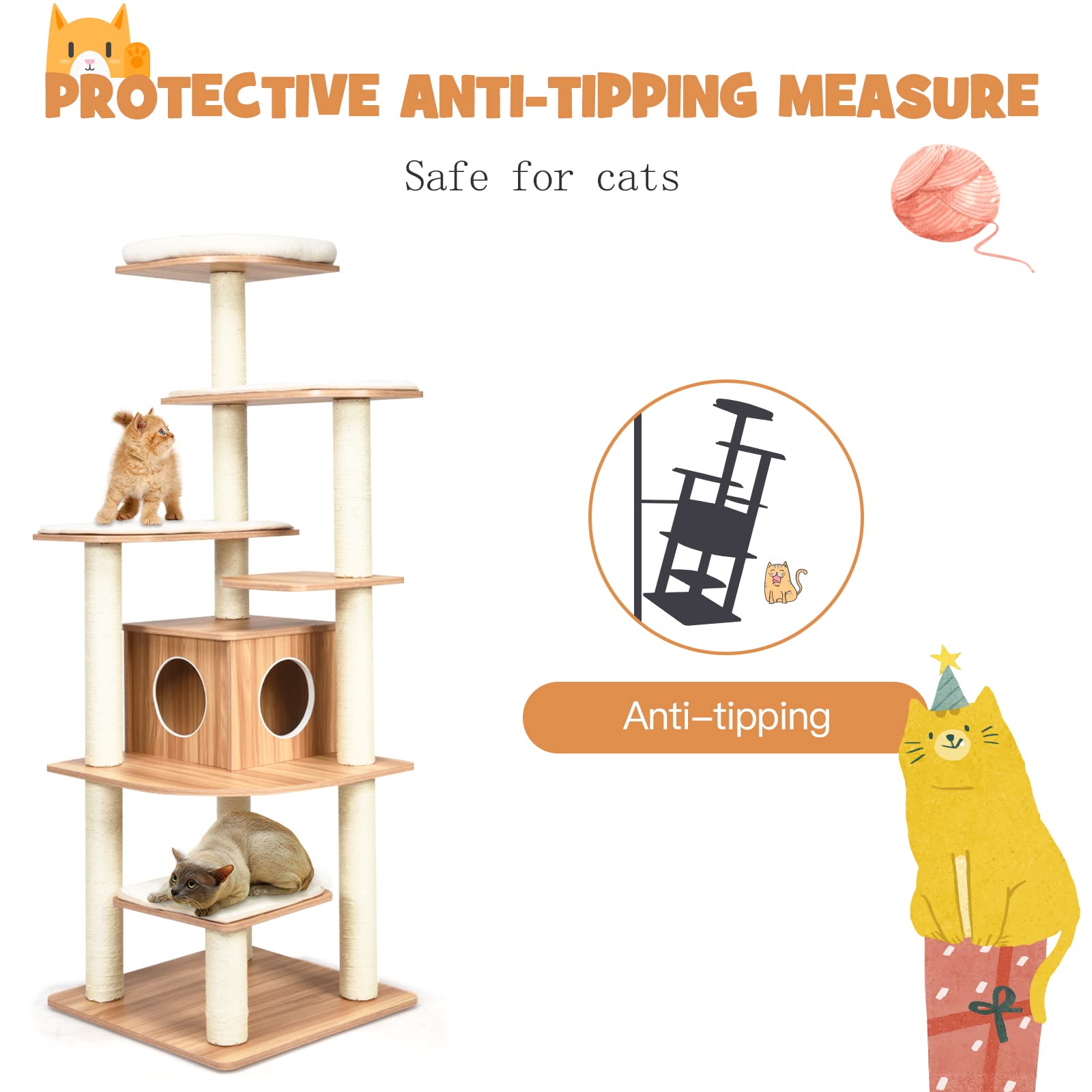Petsite Tall Cat Tree For Indoor Cats, 69 Inches Multi-Level Modern Cat Tower With Plush Perch, Cozy Condo, Platforms, Sisal Scr