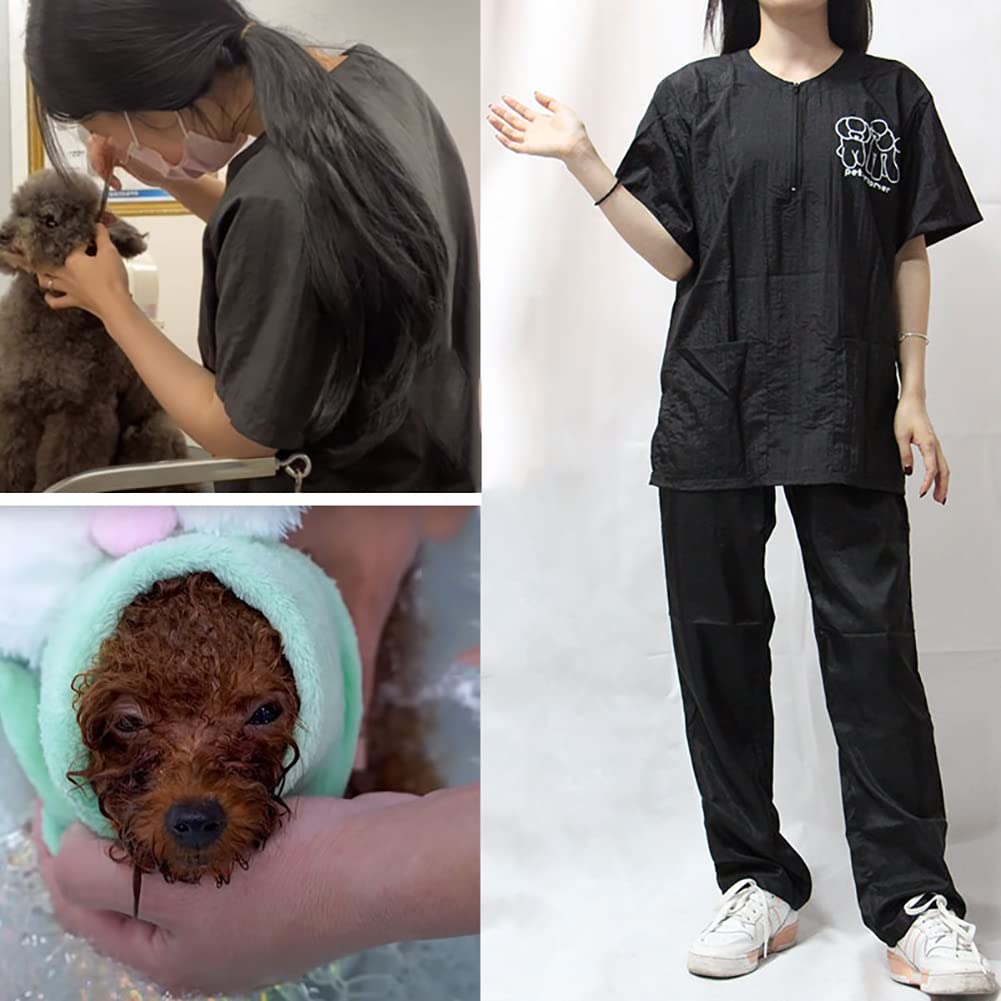 WAYUTO Short Sleeves Pet Grooming Smock with Zipper Dog Grooming Work Clothes with 2 Pockets Pet Grooming Shirt Dog Grooming Wor