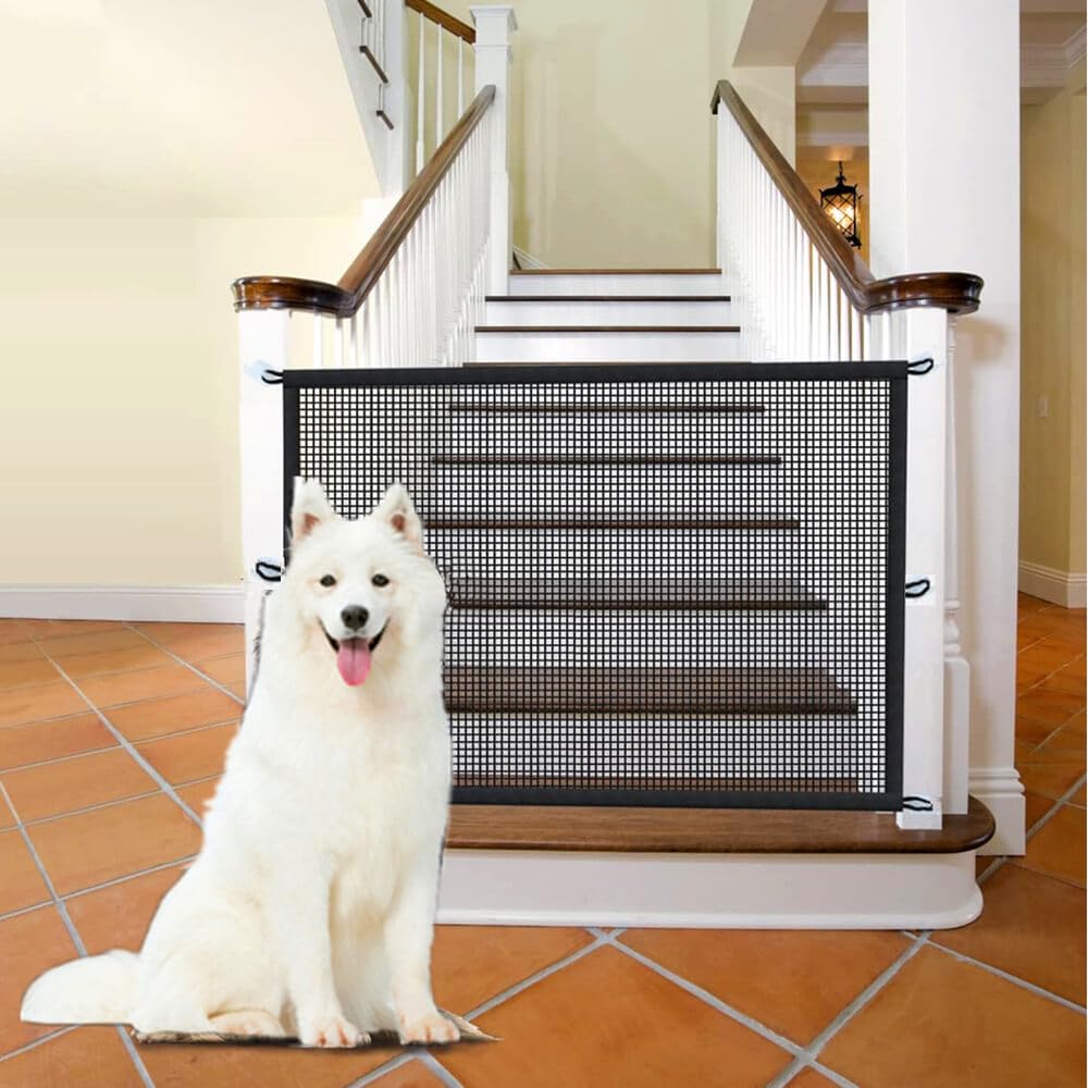 Baby Gate for Stairs No Drill - 43.3'' W x 28.3'' H Portable Retractable Mesh Dog Gate for Stairs No Drilling Magic Gate Pet Gat