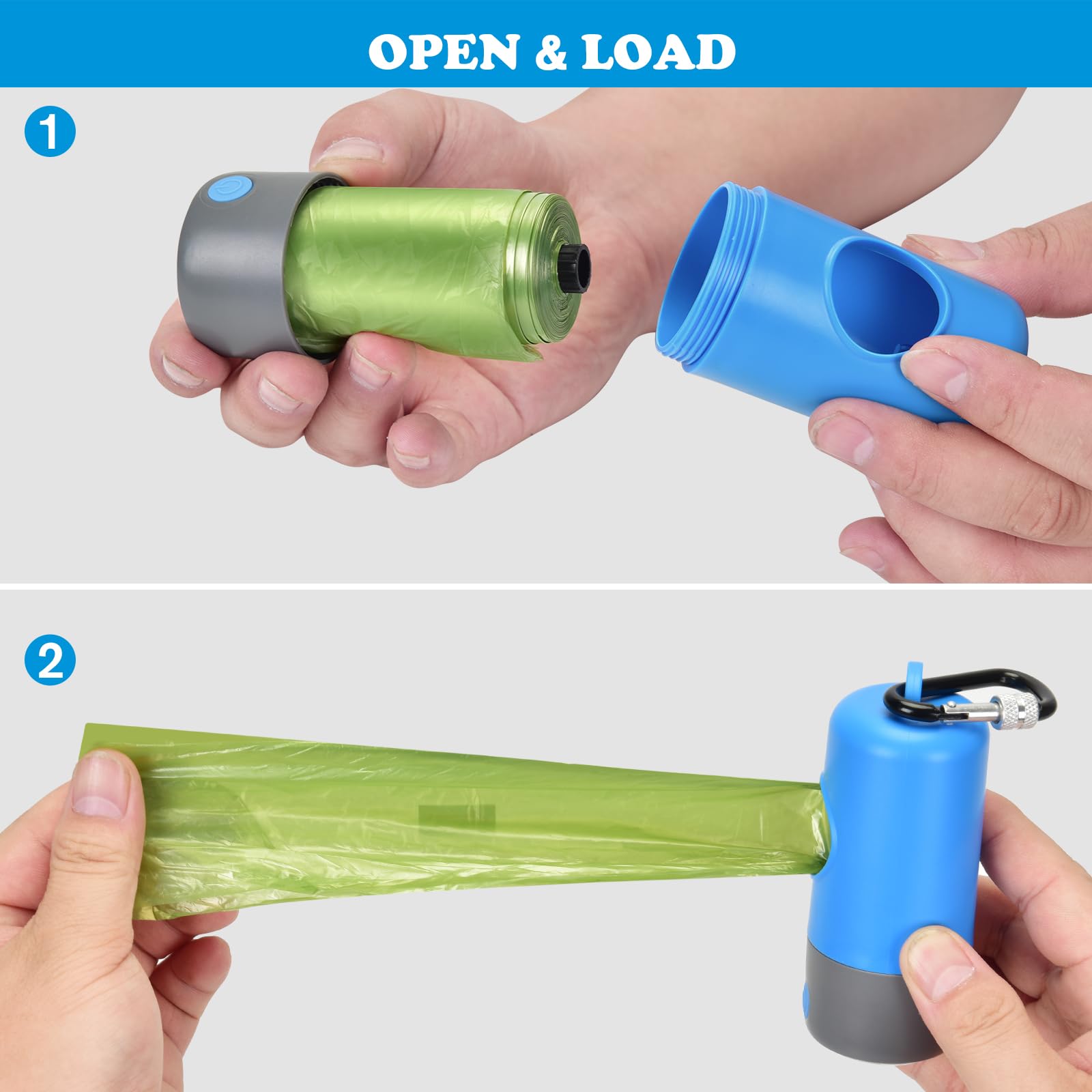 Novkin Rechargeable Dog Poop Bag Dispenser With Safety LED Flashlight, Pet Waste Bag Holder with Carabiner Clip For Leash, Colla