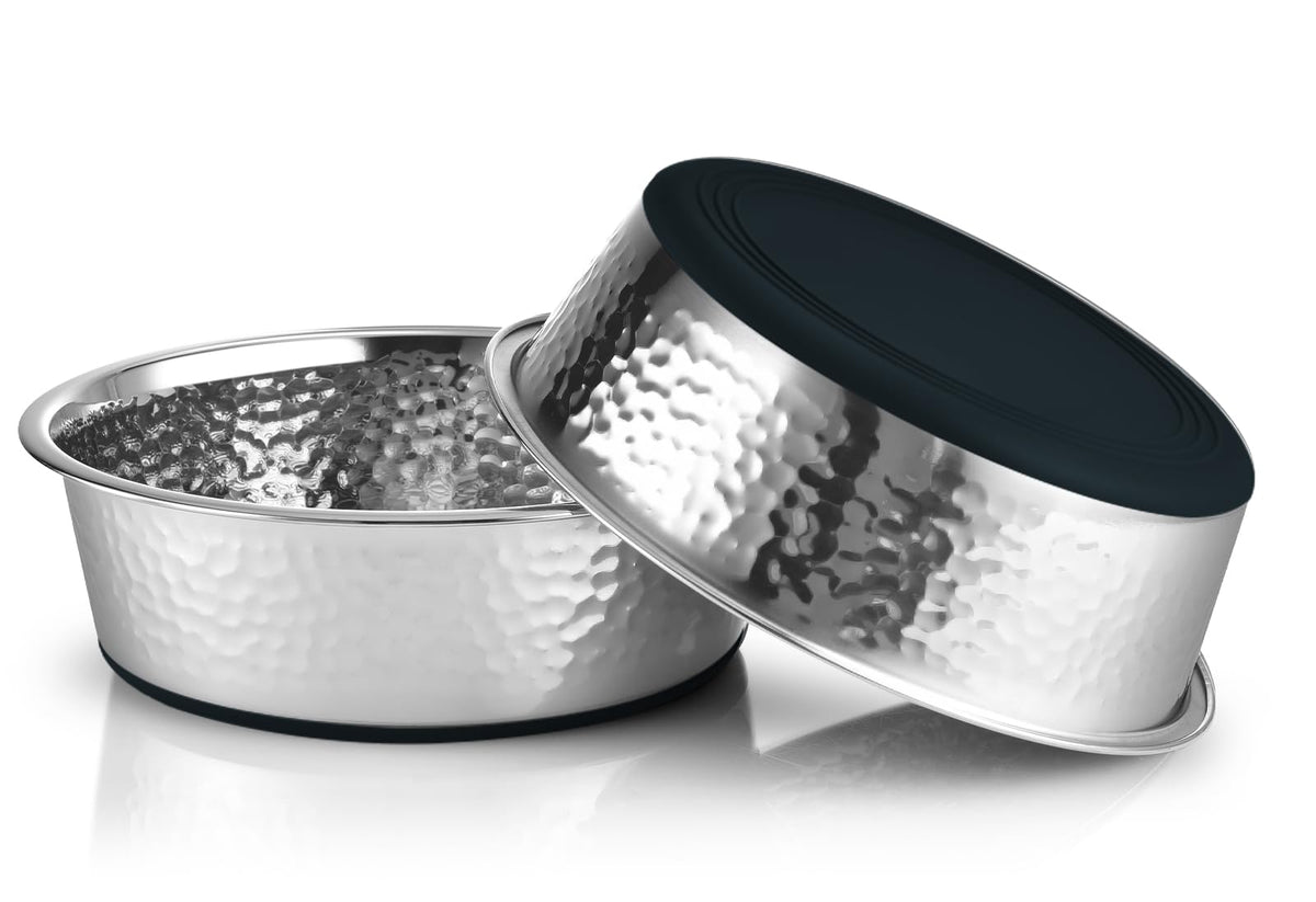Urbuddies 2 Pack Hammered Stainless Steel Cat Bowls, 2 Cup, Black Bottom