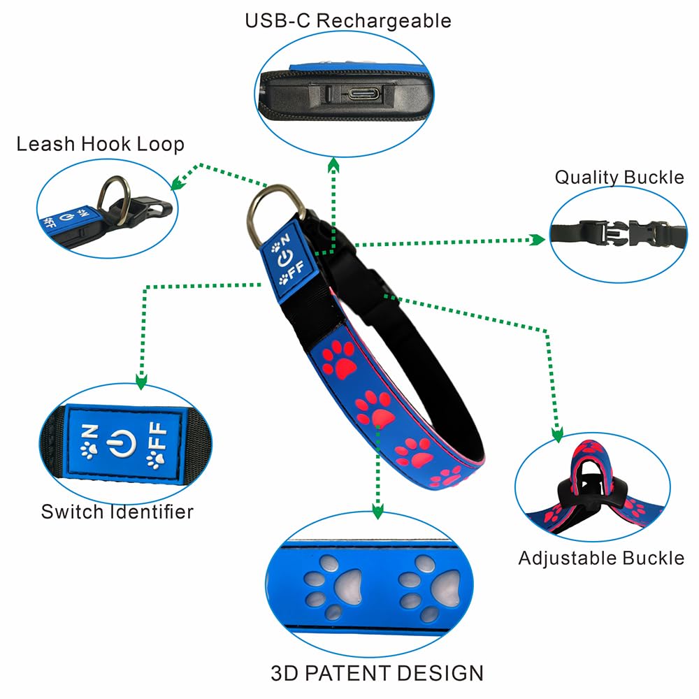 Dogled Led Light Up Dog Collar, Usb-C Rechargeable, Multicolor Paw Print Design, 15 Modes Lighting Night Safety (Blue, S(7.87-11