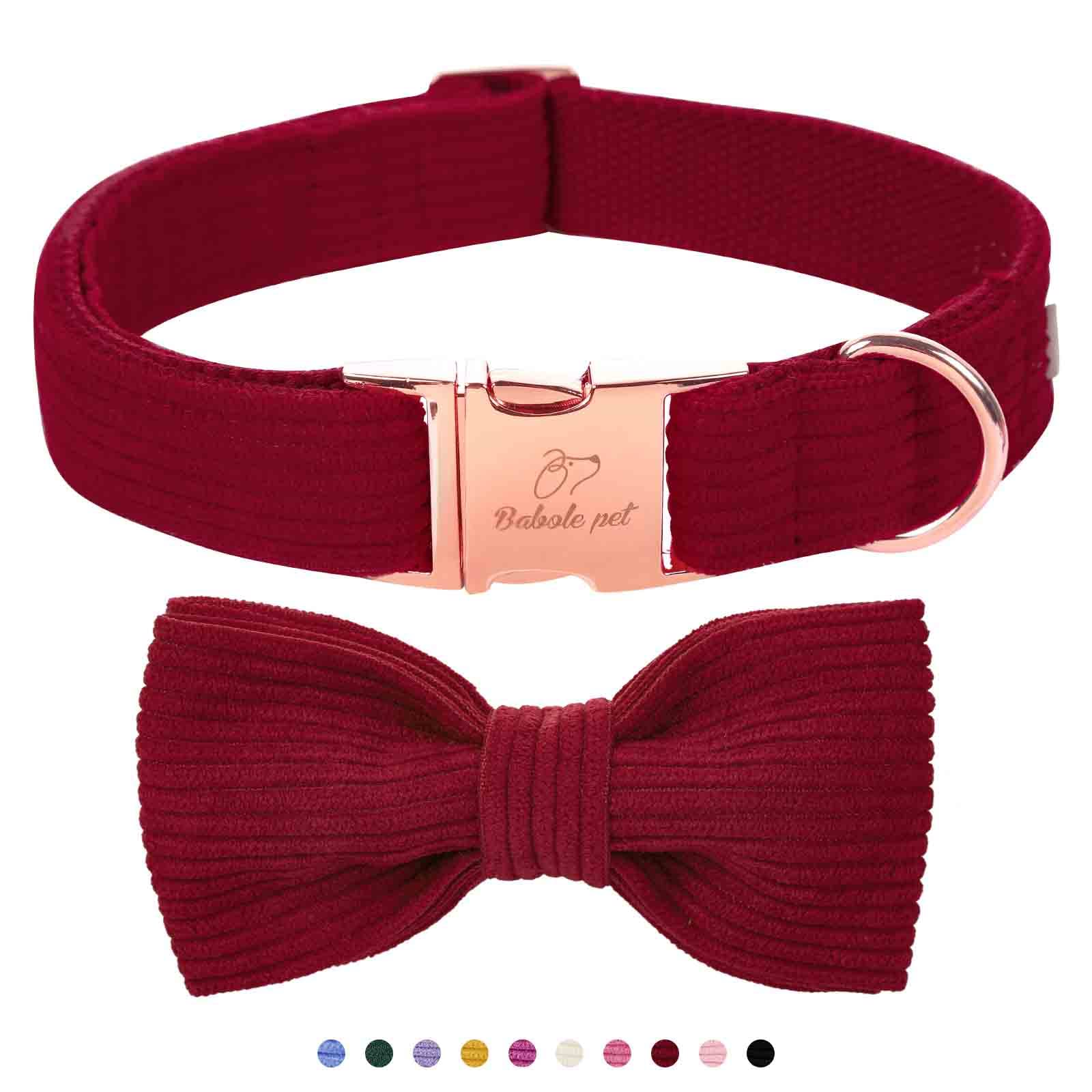 Babole Pet Wine Red Dog Collars for Large Dog,Cute Corduroy Dog Collar with Bow Tie Safety Metal Buckle Adjustable Puppy Collars