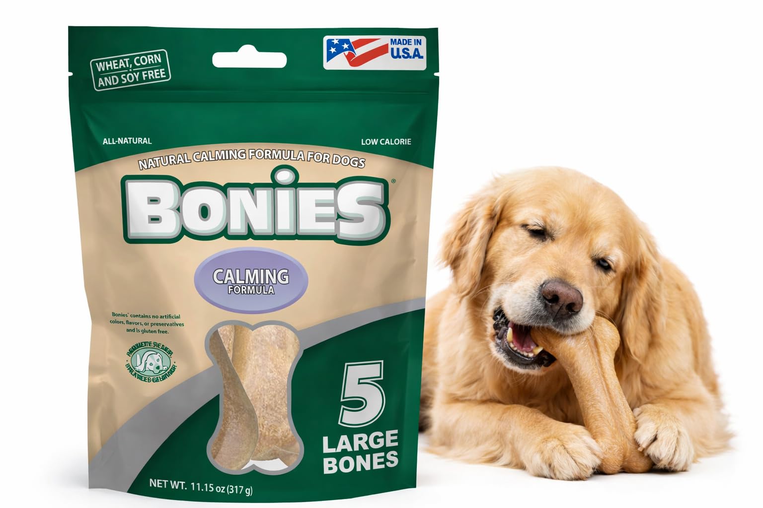 Green Pet Organics BONIES Natural Calming Formula Dog Treats - Contains Chamomile & Lavender, Help Anxiety, Excessive Barking & 