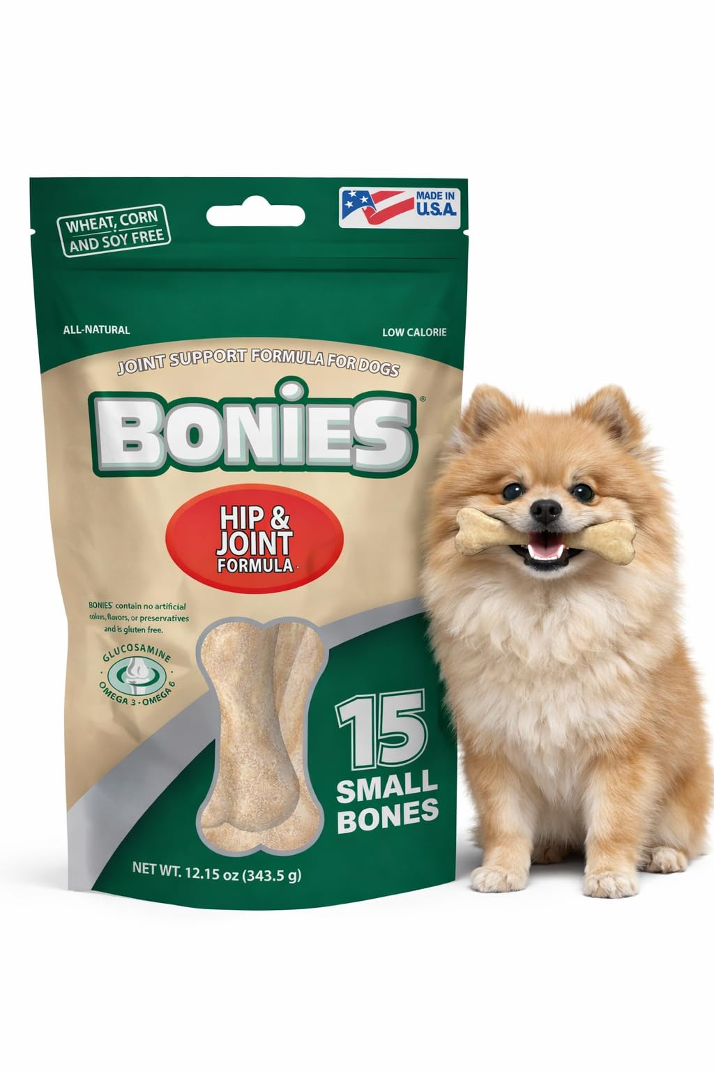 Bonies Natural Hip & Joint Formula Small-Sized Single Bone, Glucosamine & Omega Fatty Acids, Fresh Breath, Clean Teeth, Low Calo