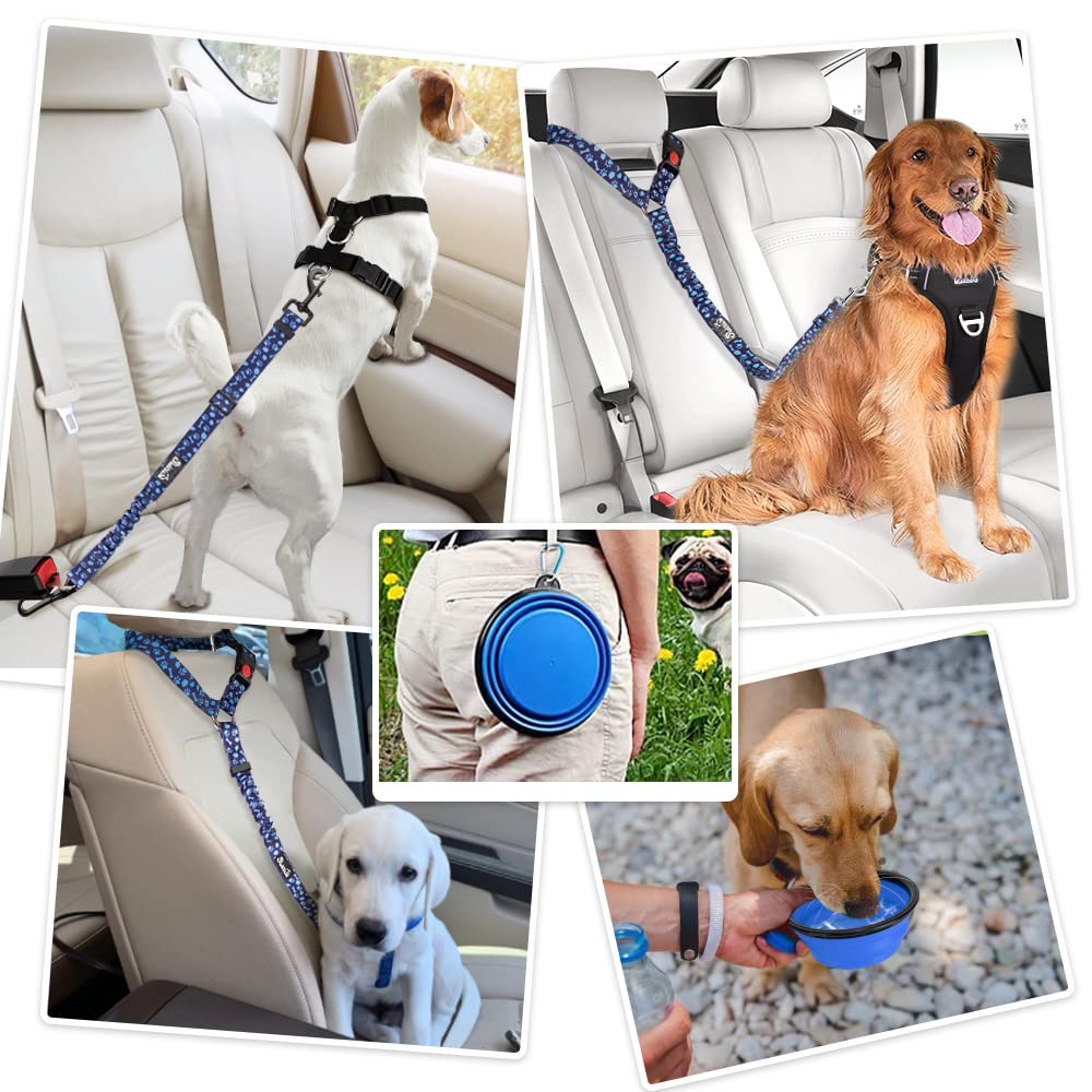 Lukovee Dog Seatbelt Leash For Cars, 2 Pack Pet Safety Car Seat Belt With Adjustable Buckle & Reflective Bungee, Connect Dog Harness In Vehicle Car Dogs Restraint Travel Daily Use (Blue Paw)