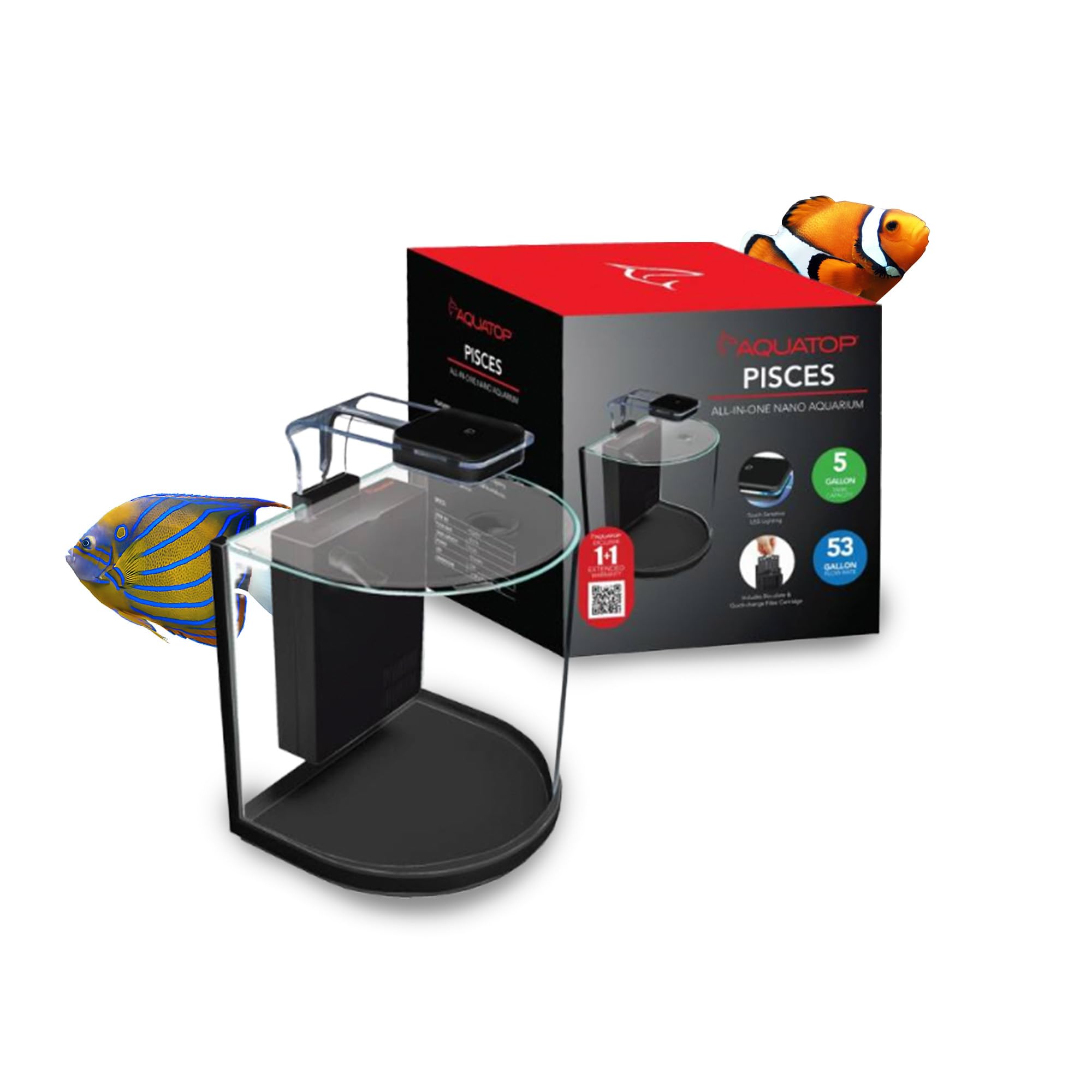 Aquatop Pisces Curved Bowfront Aquarium, 5 Gallons, 53Gph – Nano Semi-Circle Glass Aquarium Kit, For Salt & Freshwater Fish Tanks, Touch Sensitive Led Light, All In One Tank With Filter