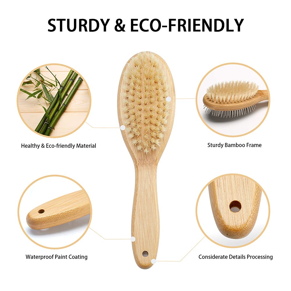 Dog Brush Cat Brush, Vokiuler Double Sided Bristle And Pin Pet Brush For Dog Grooming, Real Boar Bristle Shedding Brush With Bam