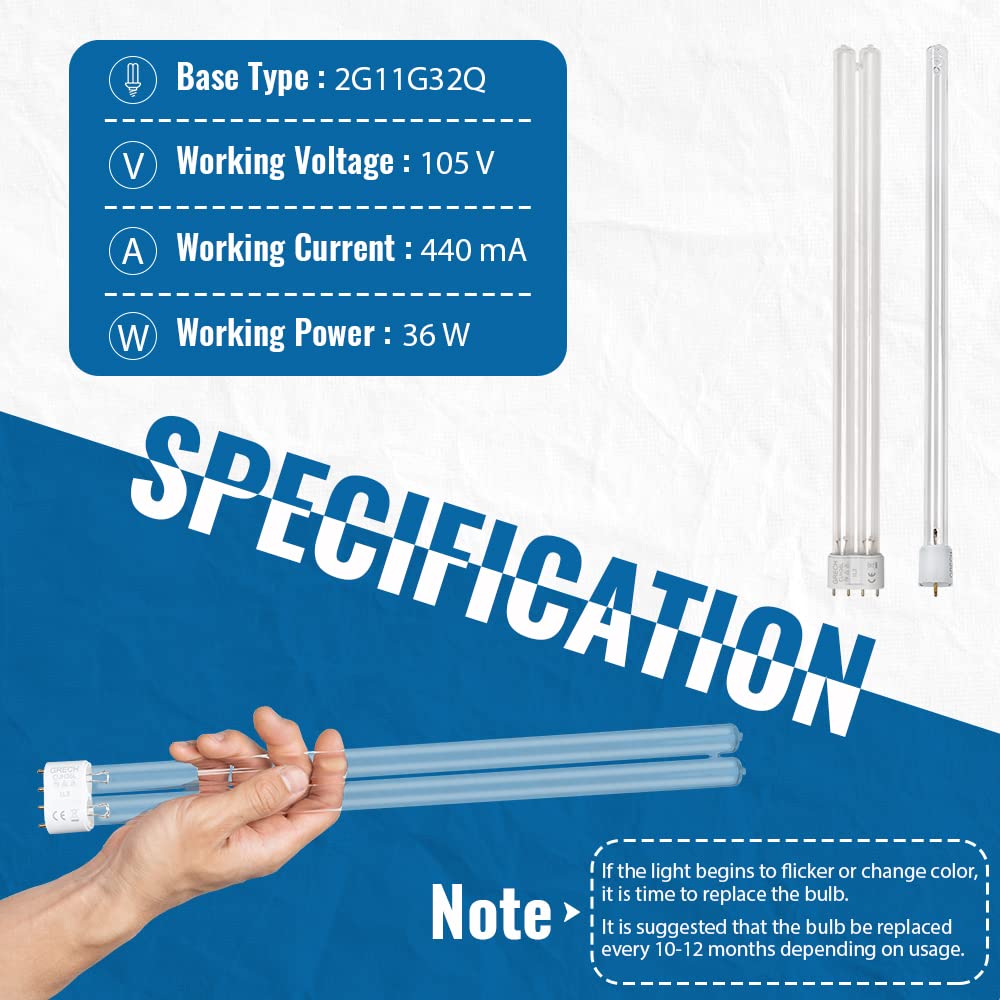 OXYFUL 36W UV 2G11-4 Pin Base Replacement Light Clarifier Lamp Filter for Aquarium Koi Pond Fish Tank Compatible to CUV-336 / CU