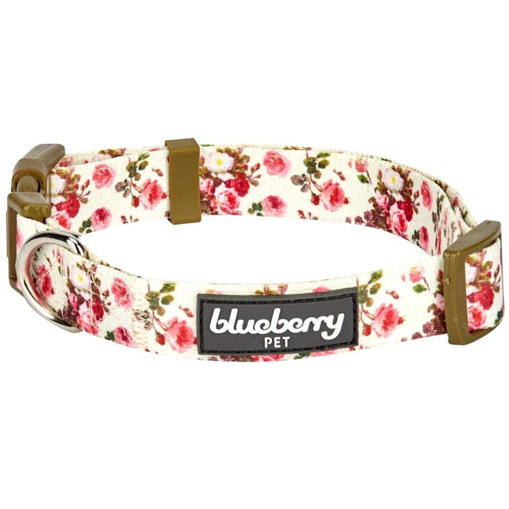 Blueberry Pet 7 Patterns Spring Scent Inspired Pink Rose Print Ivory Adjustable Dog Collar, X-Small, Neck 8'-11'