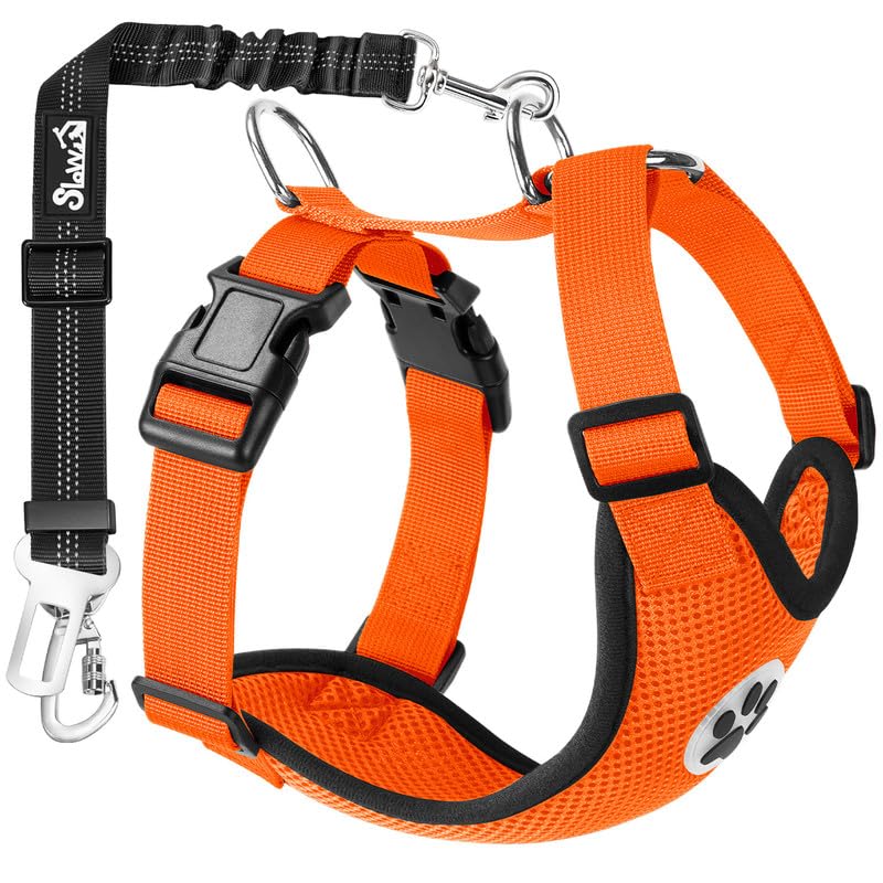 Slowton Dog Seat Belt Harness For Car, Dog Car Harness Adjustable Mesh Breathable & Dog Seatbelt Safety Tether With Elastic Bungee For Small Medium Large Pets(Orange, Double Clip, M)