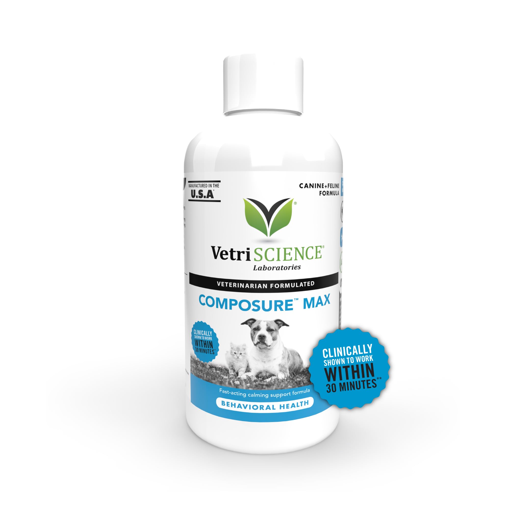 VetriScience Composure Max Liquid Formula - Clinically Proven Dog Calming and Cat Calming Supplement with Colostrum, L-Theanine 