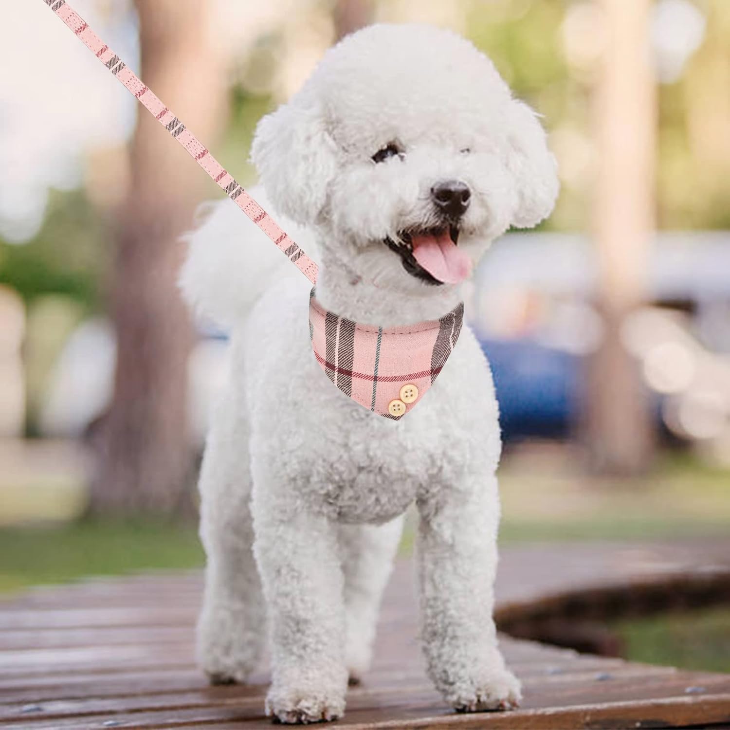 Kooltail Dog Collar And Leash Set 3 Park, Adjustable Soft Leather Puppy Collar And Leash Tangle Free For Outdoor Walking, Dog Bandana Collar With Bow Tie & Bell For Small Medium Dogs Cats Pink Plaid
