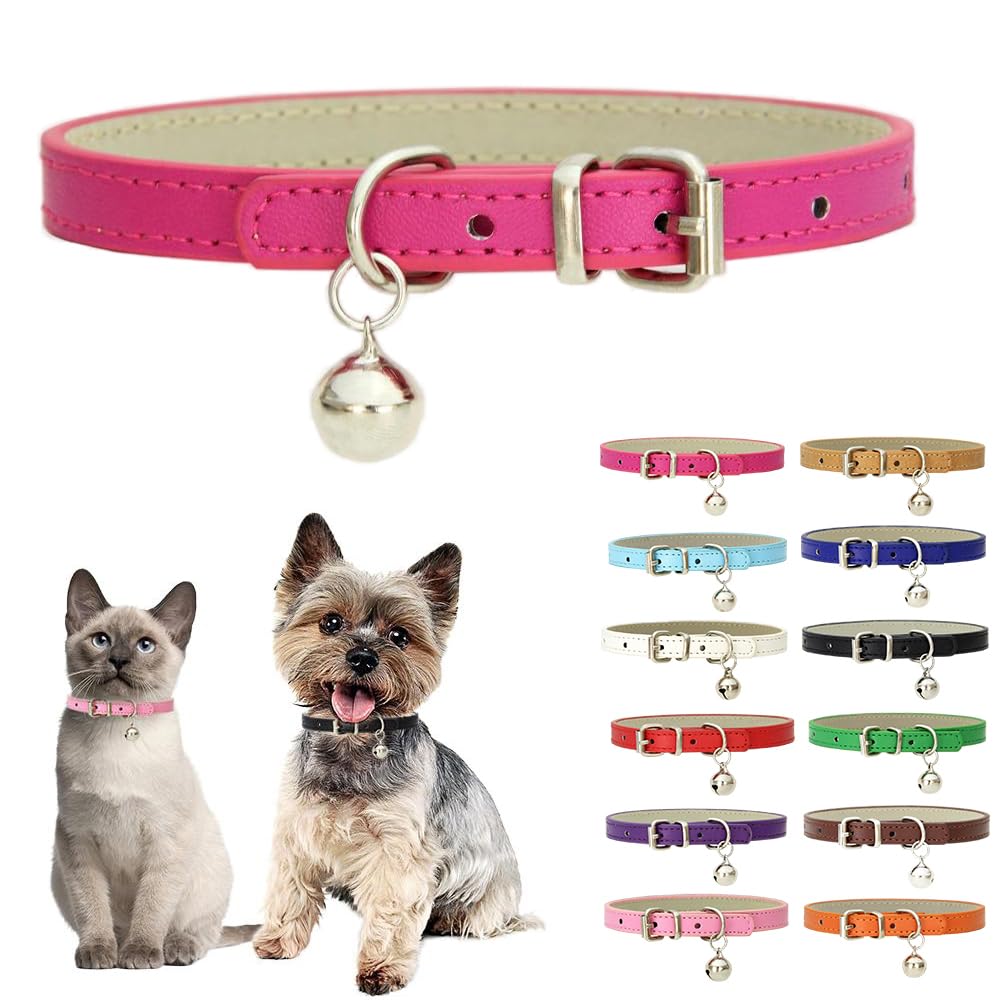 Hot Pink Small Dog Collar With Bell,Soft Pu Leather Female Puppy Collar With Bells Basic Girls Cat Collar With Bells For Xxs Xsm