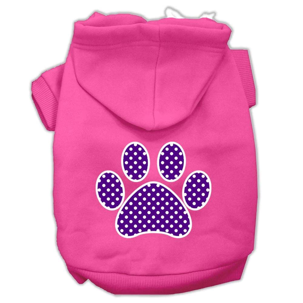 Pet, Dog & Cat Hoodie Screen Printed, 'Purple Swiss Dots Paw' Bright Pink Lg (10-14 Lbs.)