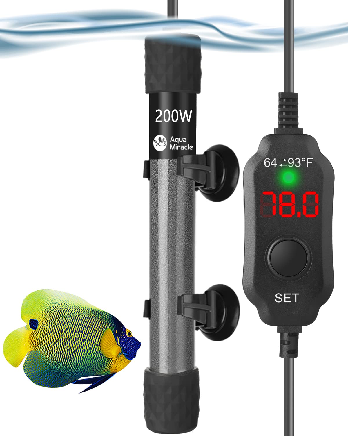 Aquamiracle Adjustable 200W Aquarium Heater Submersible Fish Tank Heater Super Short Aquarium Heater With Led Digital Display Thermostat, For Tanks 20-40 Gallons