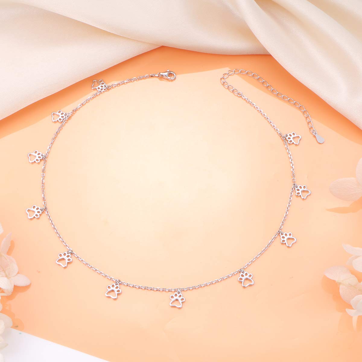 S925 Sterling Silver Puppy Dog Cat Pet Paw Print Choker Disc Chain Statement Pendant Necklace Jewelry For Women 13+3 Inches