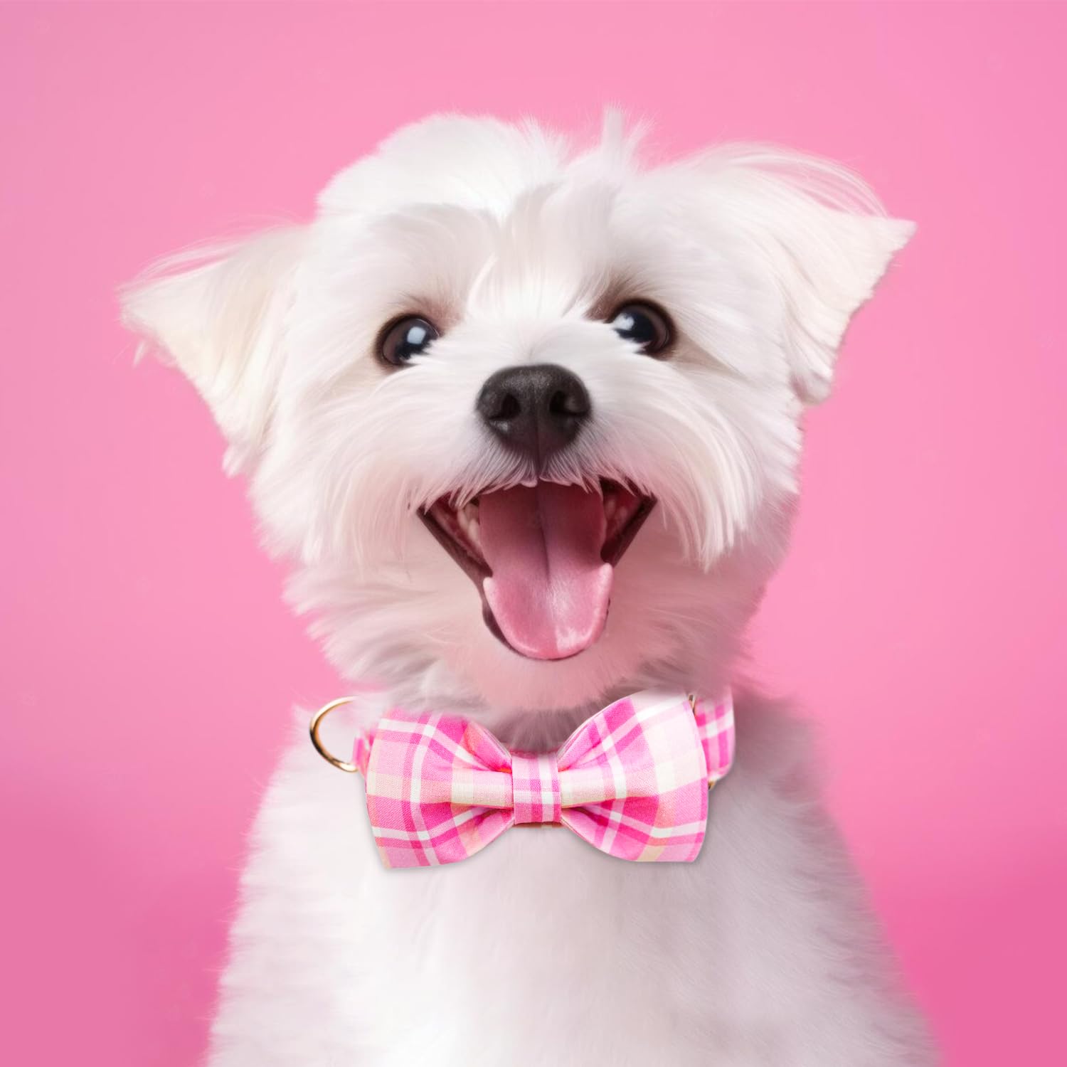 Tunkoo Dog Collar Super Cute Pink Plaid With Bow Tie - Durable Adjustable And Stylish Cotton Pet Collar For Girls Small Medium L