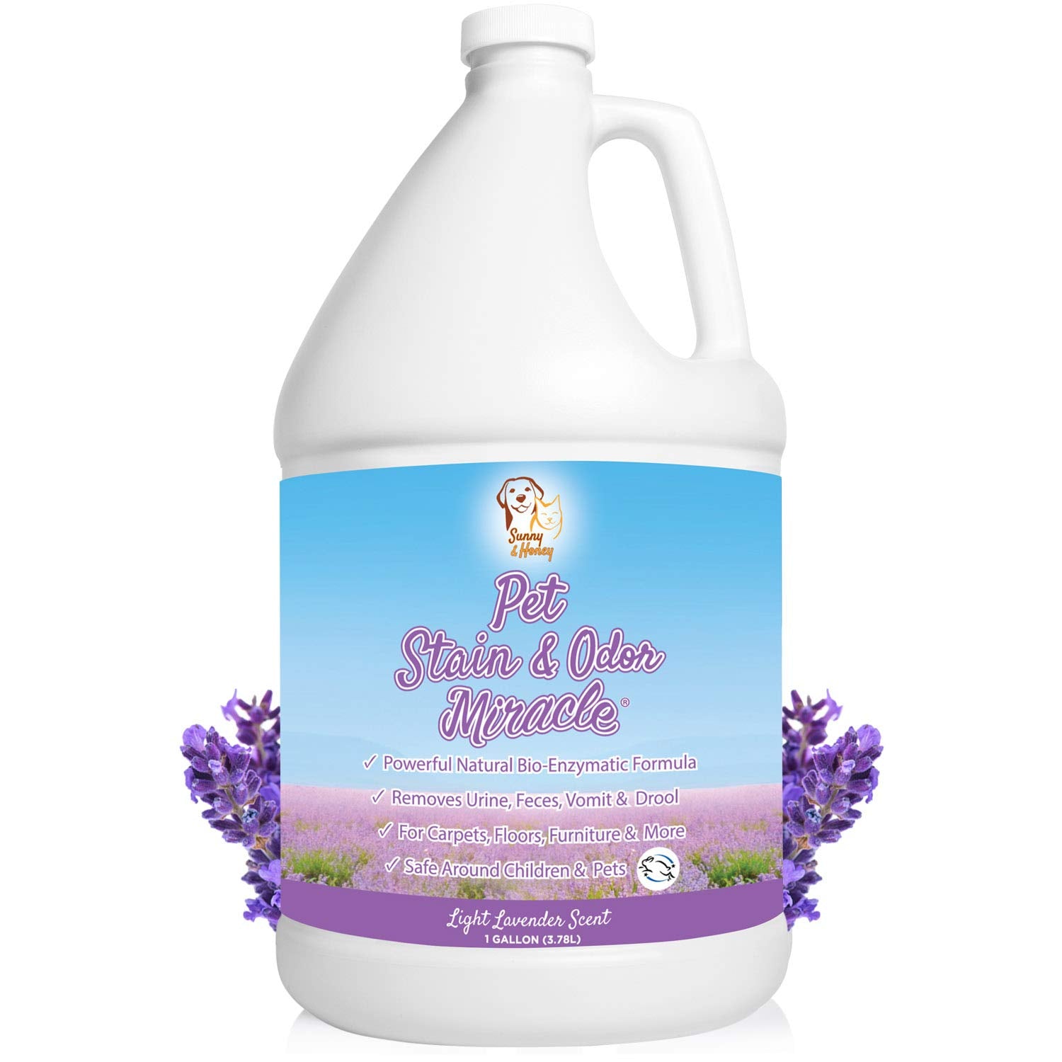 Sunny & Honey Pet Stain & Odor Miracle - Enzyme Cleaner For Dog And Cat Urine, Feces, Vomit, Drool (Light Lavender Scent, 1 Gallon)