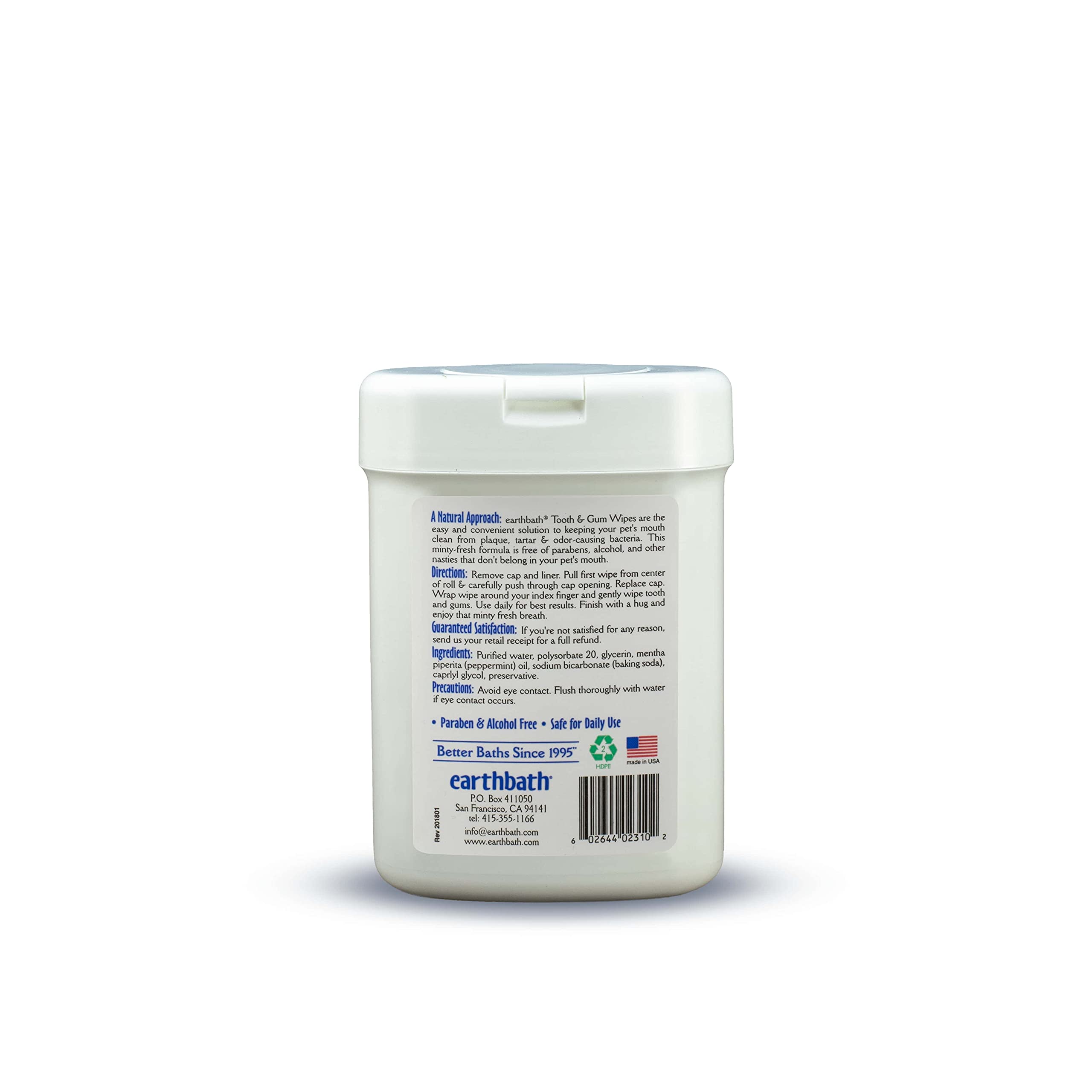 Earthbath Tooth & Gum Wipes For Dogs & Cats With Peppermint & Baking Soda, 25Ct     Naturally Effective Dental Care For Pets