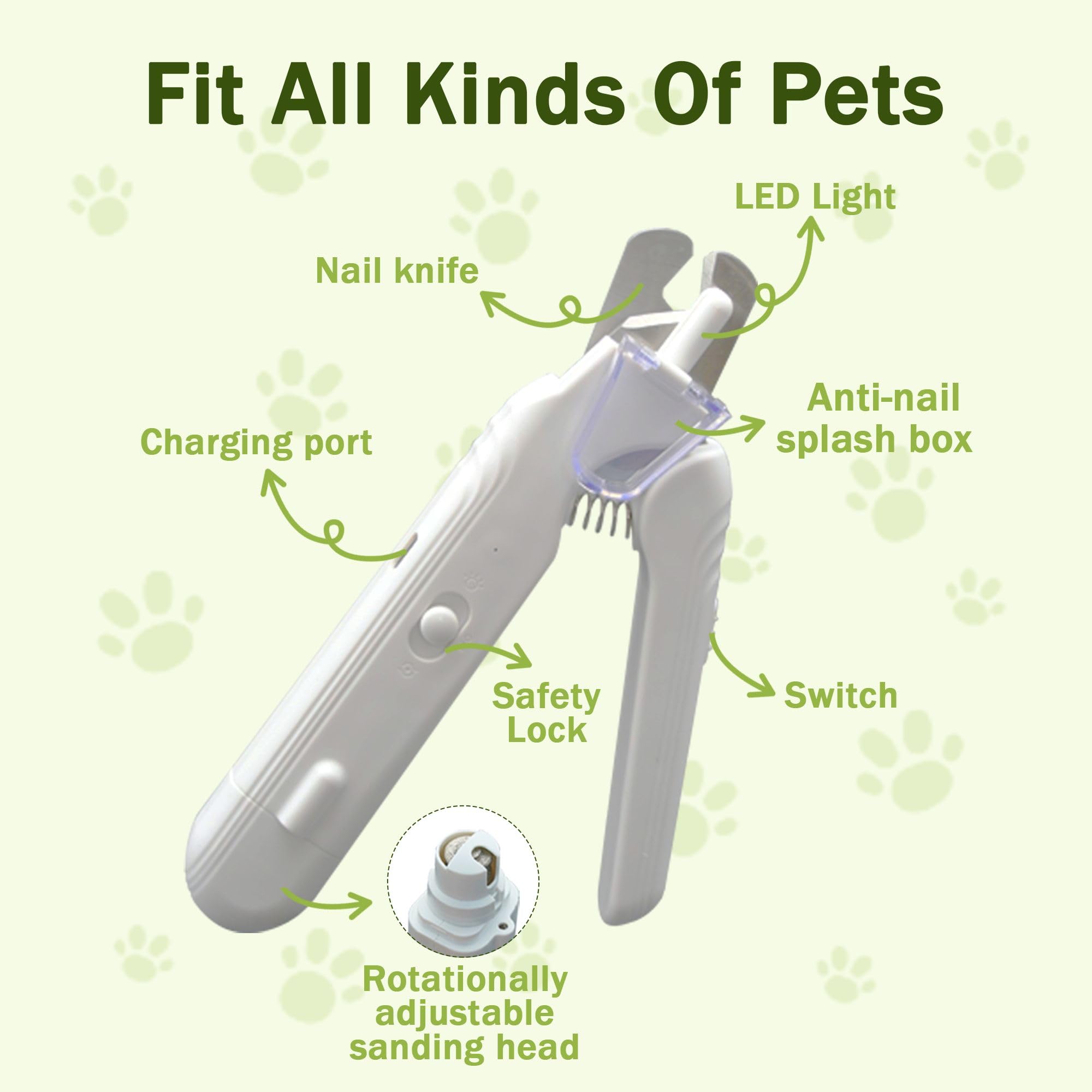 MUZMDNI 2-in-1 Dog Nail Grinder & Clippers for Large Medium Small Dogs, Green, Model CWZJD-LS with LED Lights