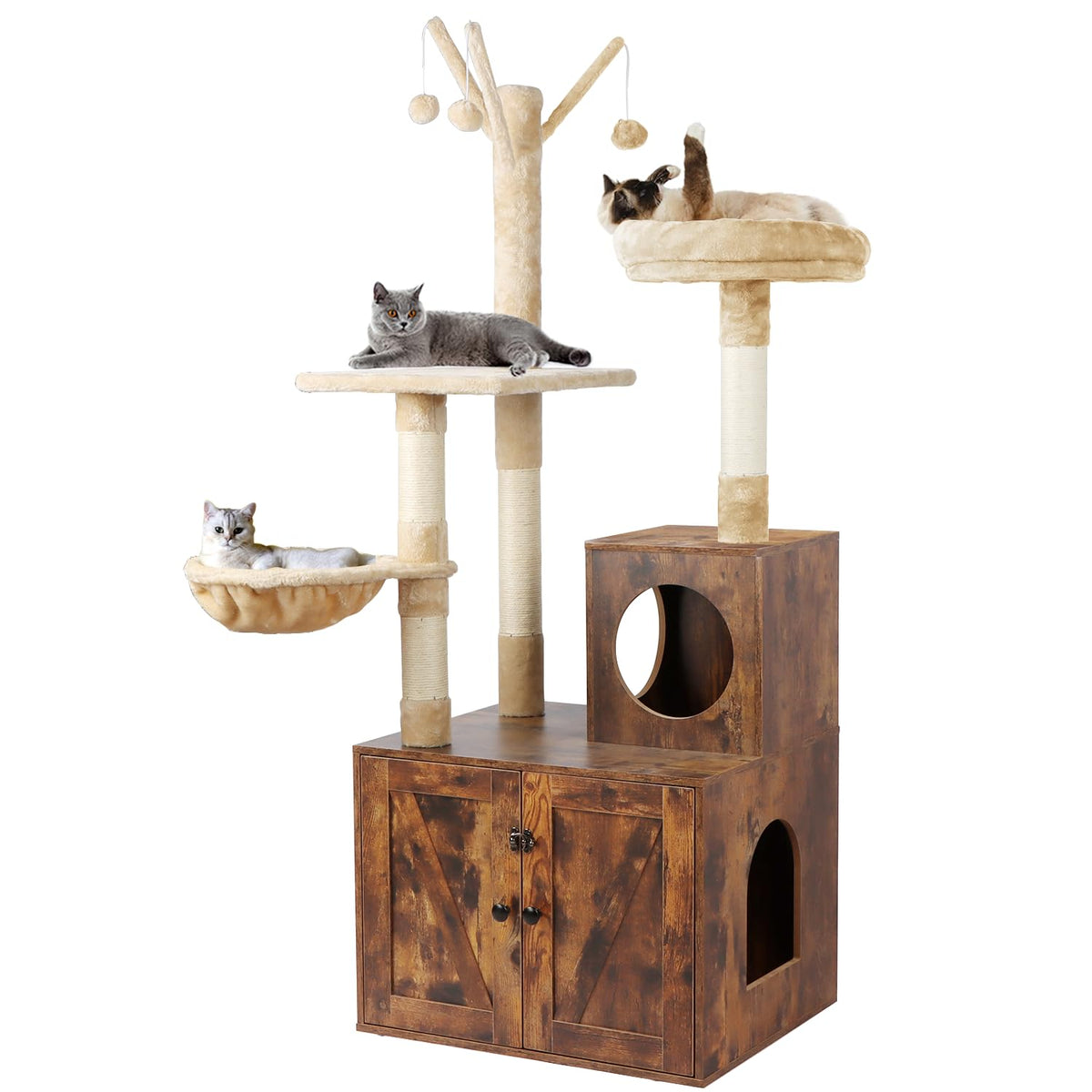 Timberer Litter Box Enclosure With Cat Tree, 2-In-1 Hidden Litter Box Furniture With Scratching Post, Modern Cat Condo, Rustic B