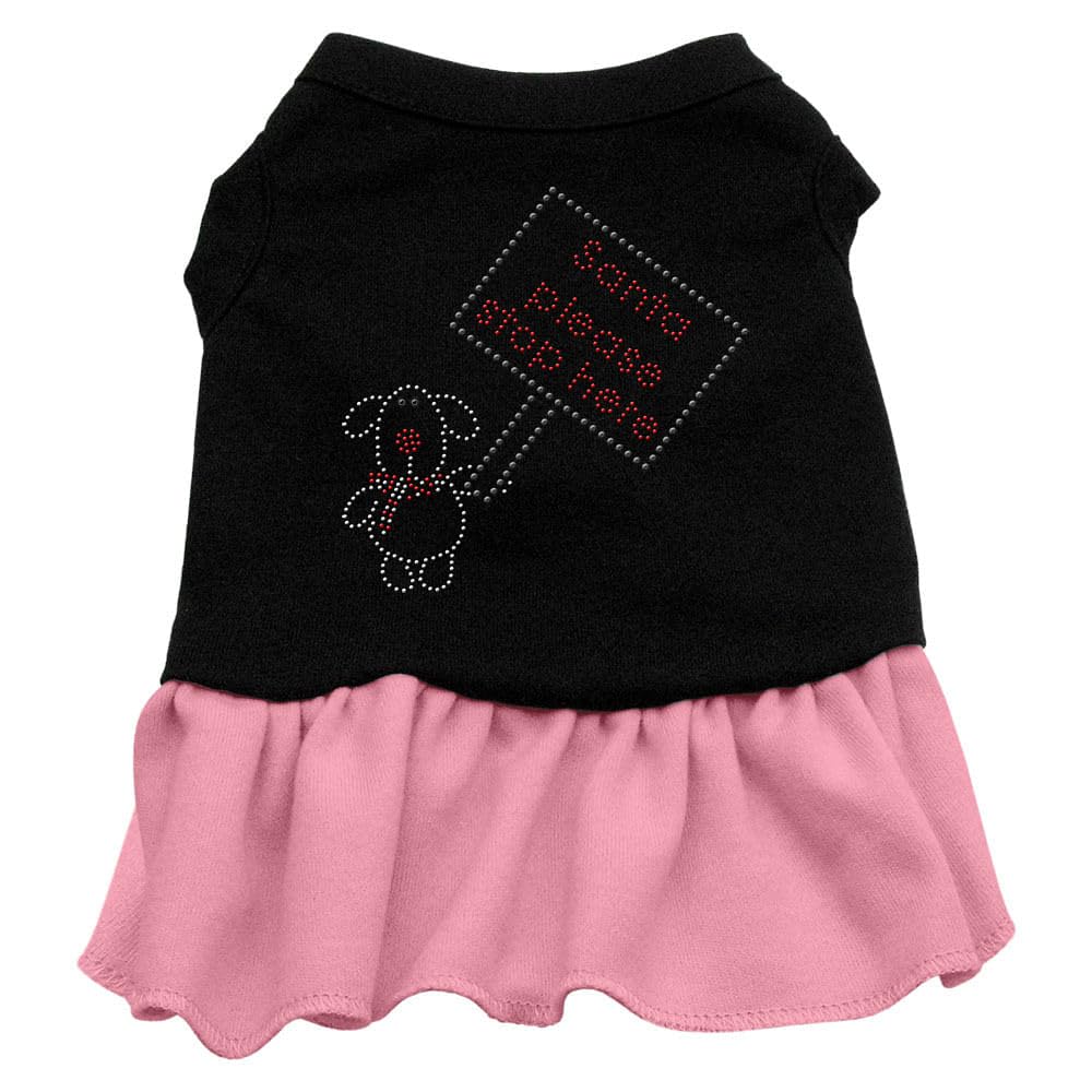 Christmas Pet Dog & Cat Dress Rhinestone, Santa Please Stop Here Black W/Light Pink LG (10-14 lbs.)