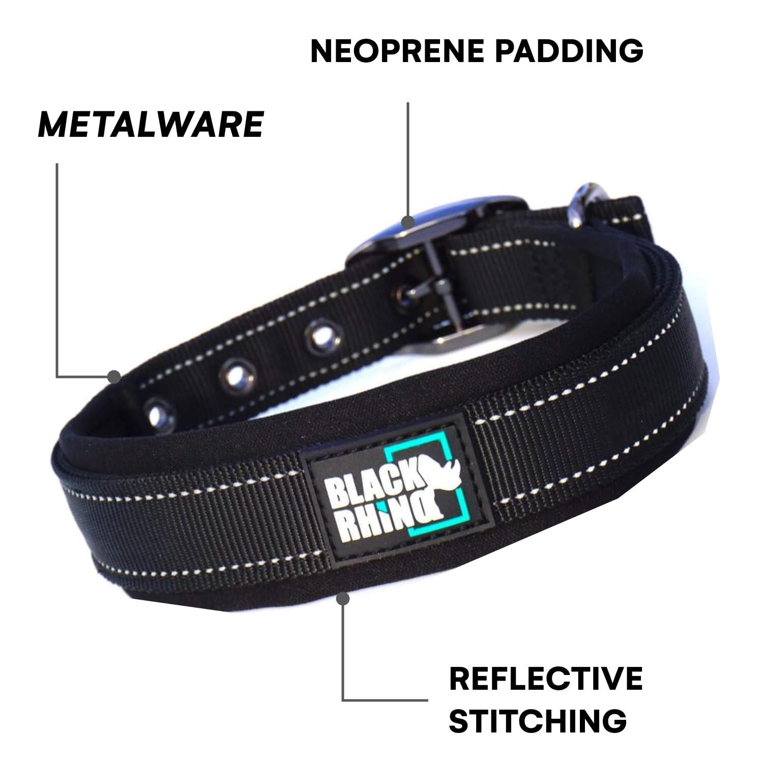 Black Rhino - The Comfort Collar Ultra Soft Neoprene Padded Dog Collar For All Breeds - Heavy Duty Adjustable Reflective Weatherproof (Large, Black)