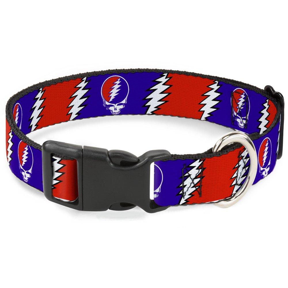 Buckle-Down Plastic Clip Collar - Steal Your Face W/Lightning Bolt Repeat Red/White/Blue - 1/2' Wide - Fits 9-15' Neck - Large