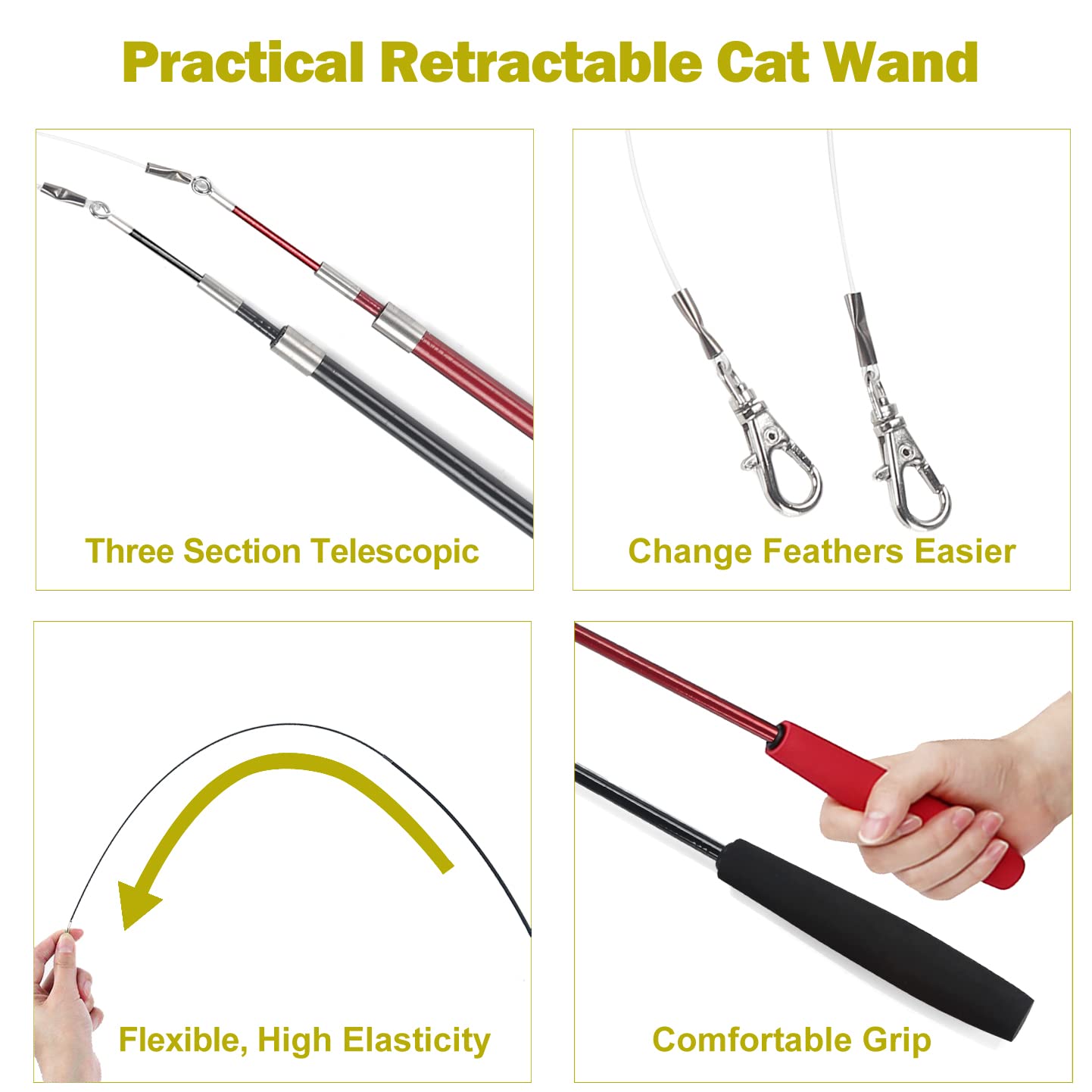 Meohui Interactive Cat Toys - Retractable Wand Toy And Feather Toys Refills For Indoor Cats To Chase And Exercise