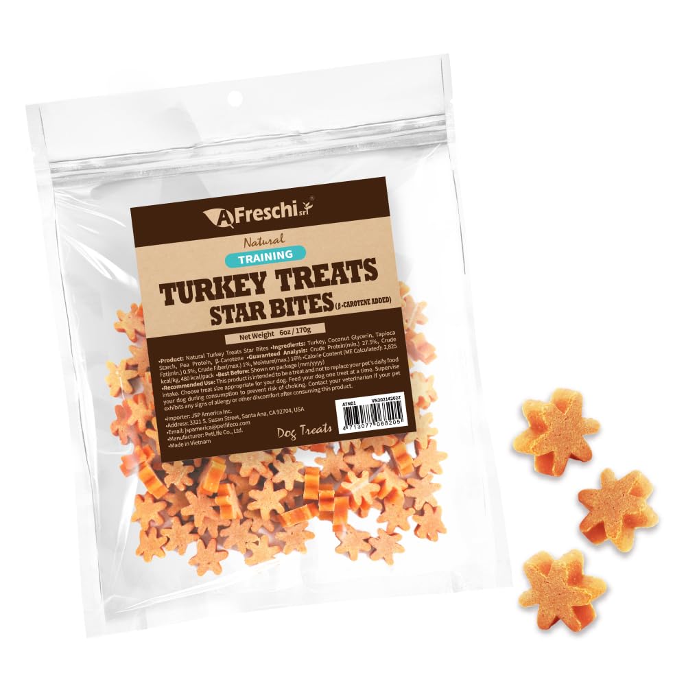 Afreschi Natural Turkey Treats Star Bites -6 oz, Hexagonal Shape, USA-Sourced Trukey, All-Natural, Hypoallergenic, Low-Fat, Heal